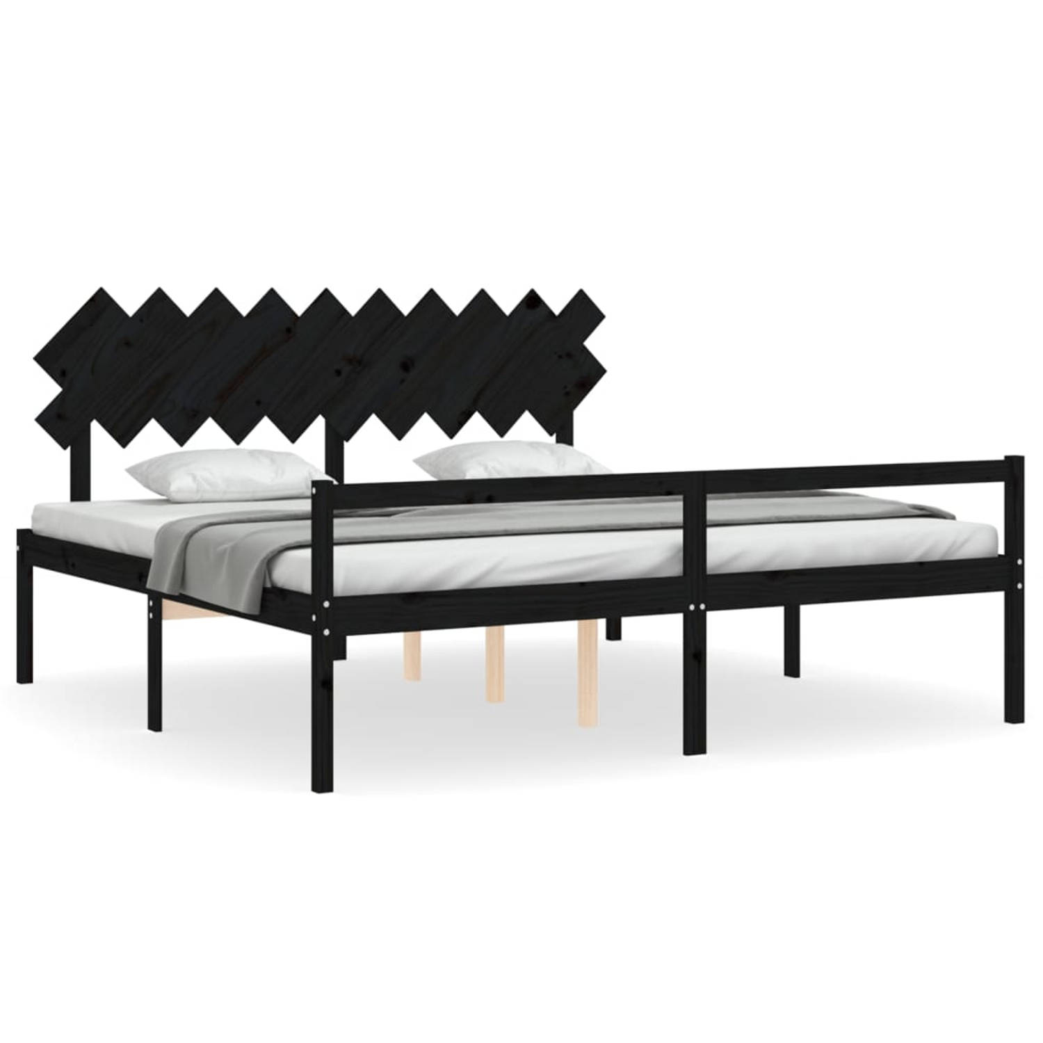 The Living Store Bedframe met hoofdbord massief hout zwart 200x200 cm - Bedframe - Bedframes - Bed - Tweepersoonsbed - Slaapkamermeubel - Houten Bedframe - Houten Bed - Bedbodem -