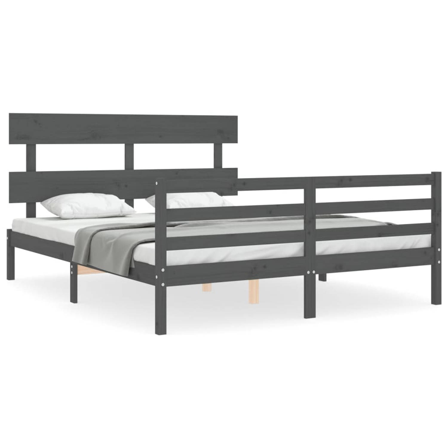 The Living Store Bedframe met hoofdbord massief hout grijs 5 FT King Size - Bedframe - Bedframes - Bed - Tweepersoonsbed - Slaapkamermeubel - Houten Bedframe - Houten Bed - Bedbode