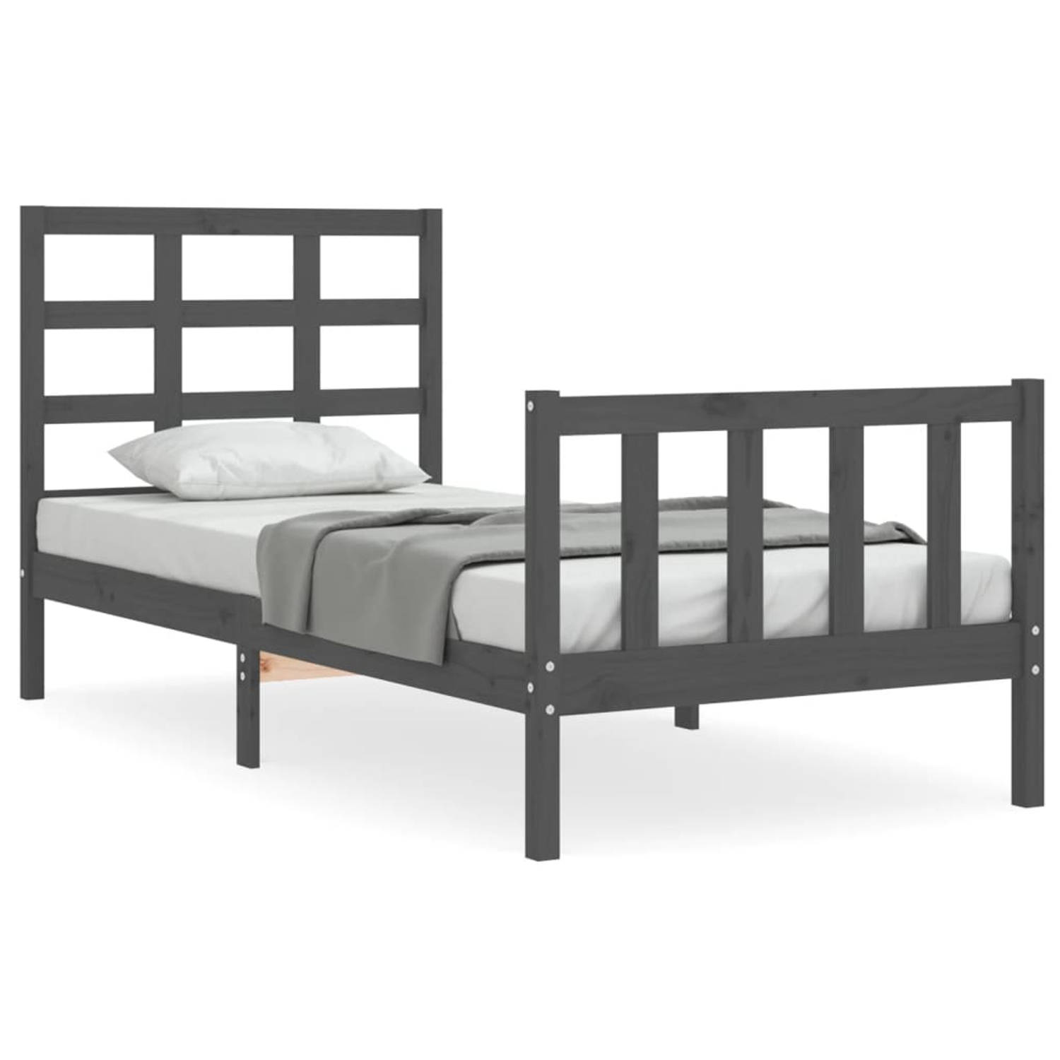 The Living Store Bedframe met hoofdbord massief hout grijs 100x200 cm - Bedframe - Bedframes - Bed - Eenpersoonsbed - Slaapkamermeubel - Houten Bedframe - Houten Bed - Bedbodem - M