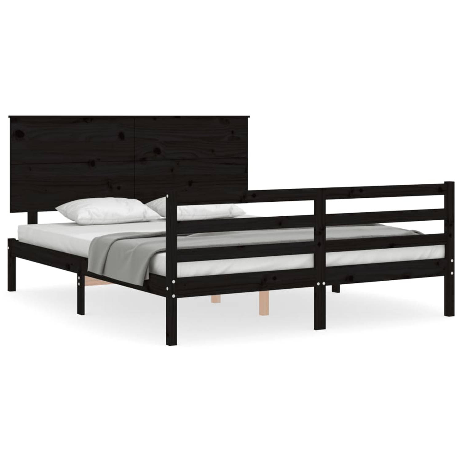 The Living Store Bedframe met hoofdbord massief hout zwart 5FT King Size - Bedframe - Bedframes - Bed - Tweepersoonsbed - Slaapkamermeubel - Houten Bedframe - Houten Bed - Bedbodem