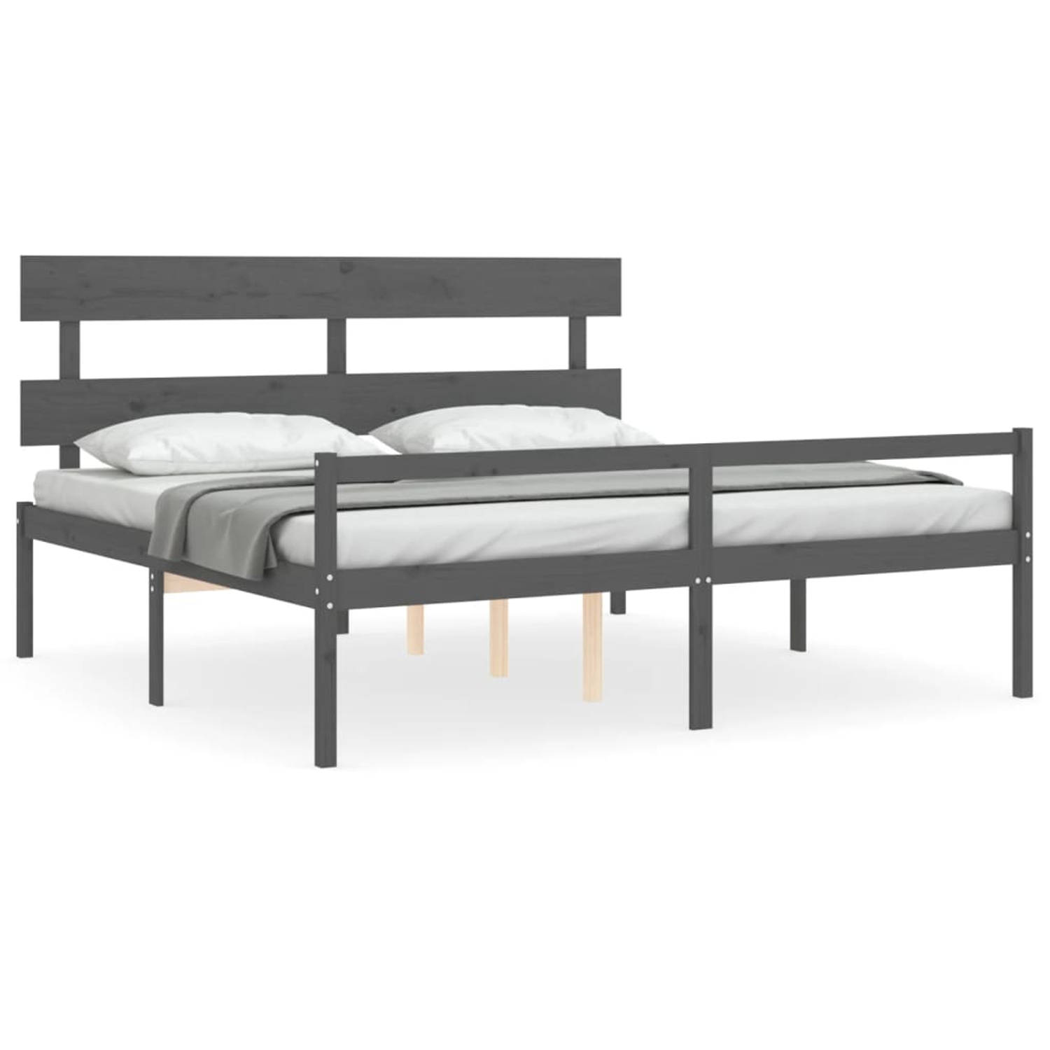 The Living Store Bedframe met hoofdbord massief hout grijs 200x200 cm - Bedframe - Bedframes - Bed - Tweepersoonsbed - Slaapkamermeubel - Houten Bedframe - Houten Bed - Bedbodem -