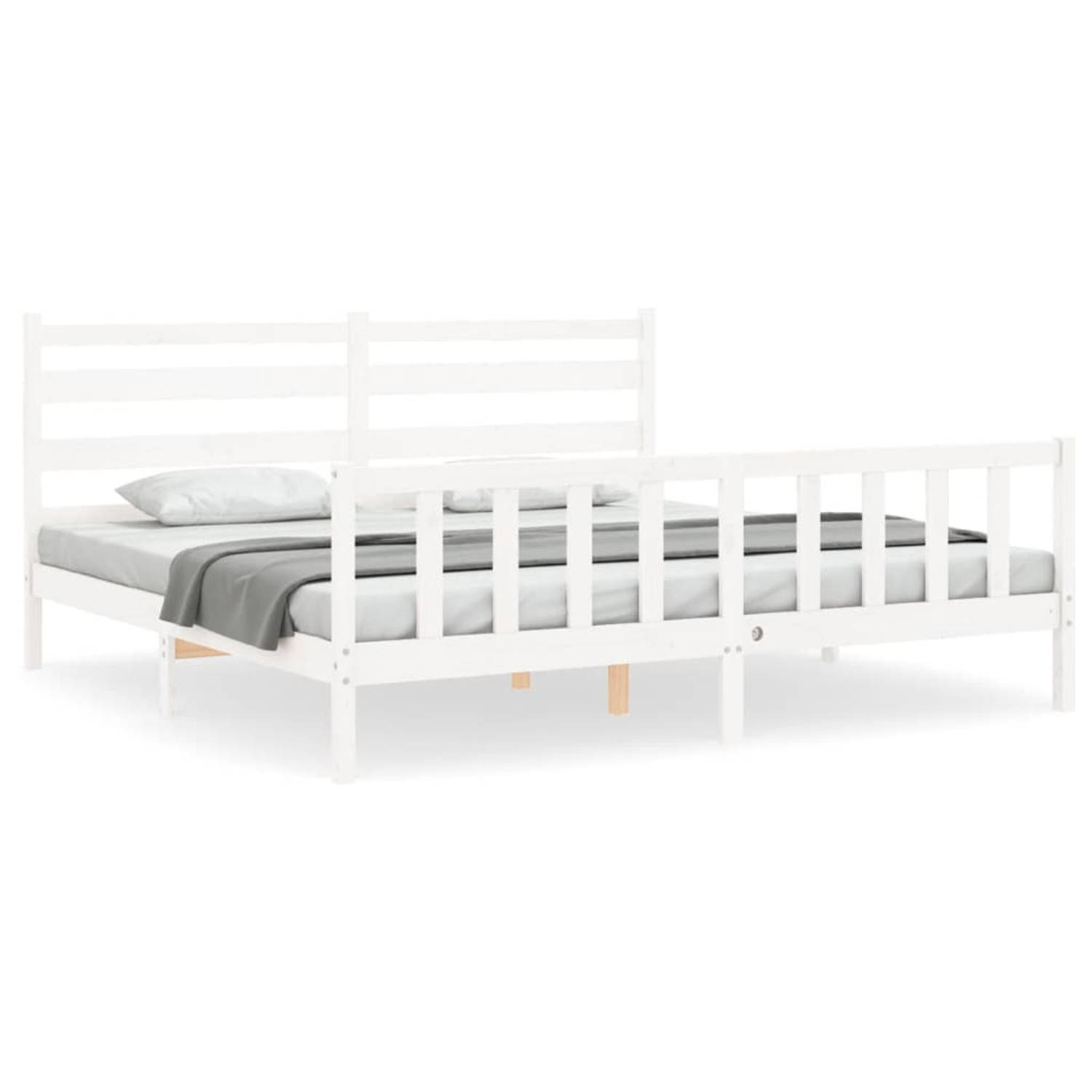The Living Store Bedframe met hoofdbord massief hout wit 200x200 cm - Bedframe - Bedframes - Bed - Tweepersoonsbed - Slaapkamermeubel - Houten Bedframe - Houten Bed - Bedbodem - Ma
