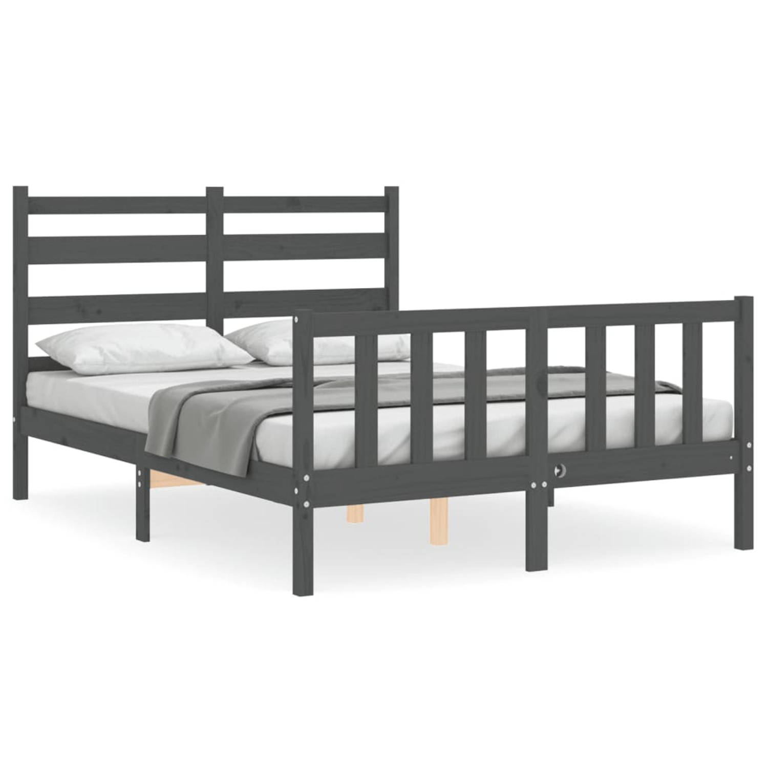 The Living Store Bedframe met hoofdbord massief hout grijs 4FT6 Double - Bedframe - Bedframes - Bed - Tweepersoonsbed - Slaapkamermeubel - Houten Bedframe - Houten Bed - Bedbodem -