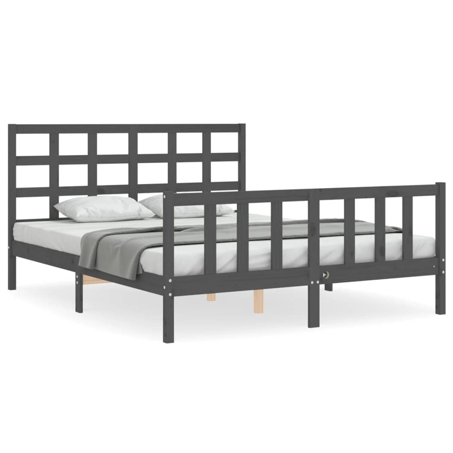 The Living Store Bedframe met hoofdbord massief hout grijs 5 FT King Size - Bedframe - Bedframes - Bed - Tweepersoonsbed - Slaapkamermeubel - Houten Bedframe - Houten Bed - Bedbode