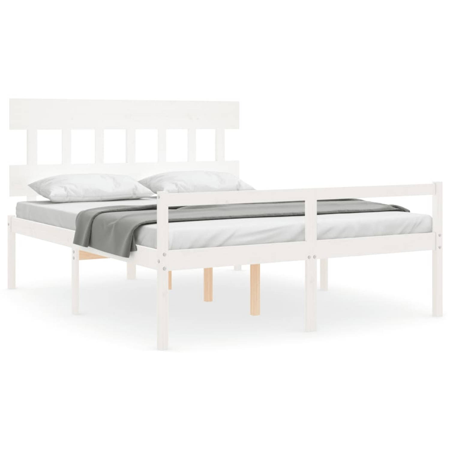 The Living Store Bedframe met hoofdbord massief hout wit 160x200 cm - Bedframe - Bedframes - Bed - Tweepersoonsbed - Slaapkamermeubel - Houten Bedframe - Houten Bed - Bedbodem - Ma