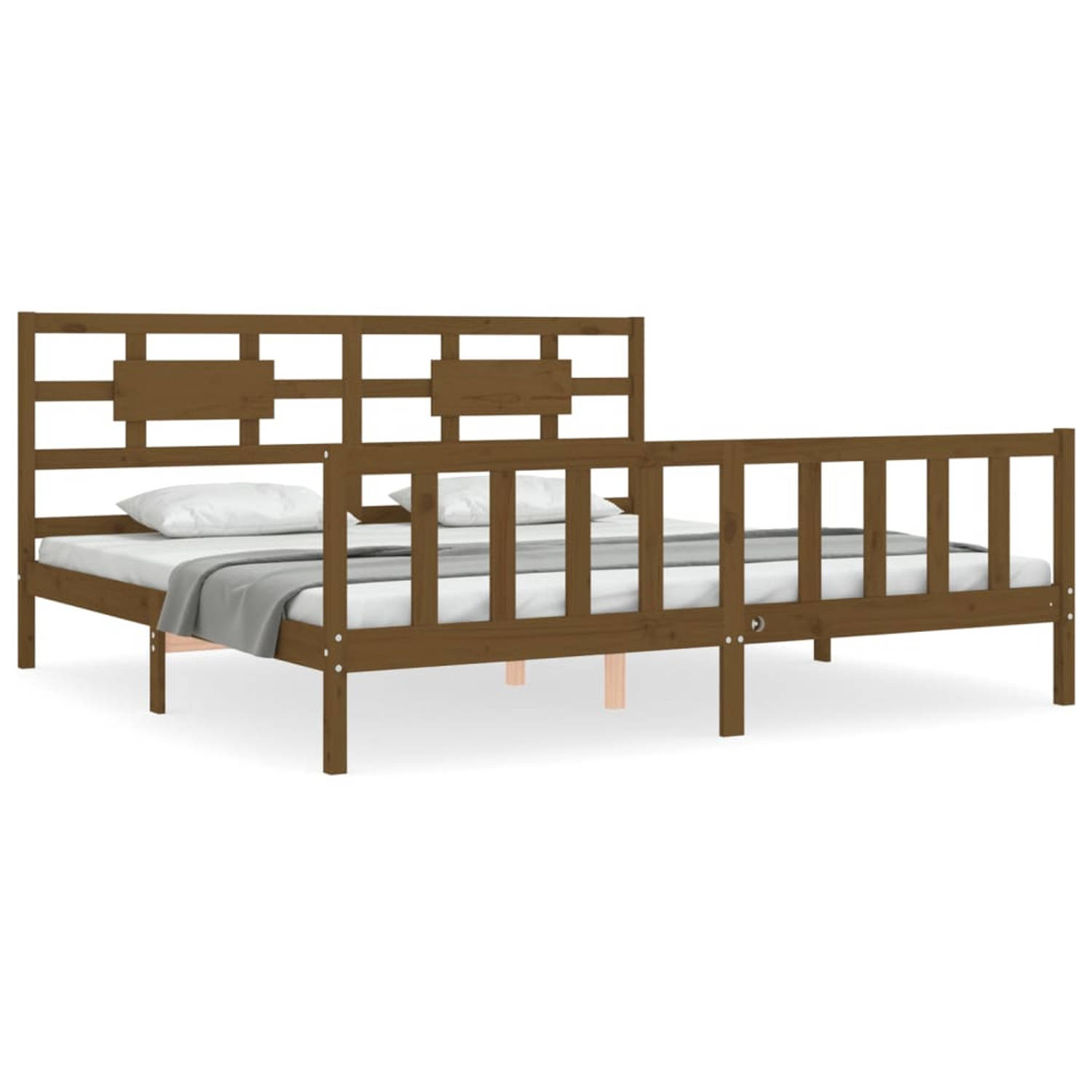 The Living Store Bedframe met hoofdbord massief hout honingbruin 200x200 cm - Bedframe - Bedframes - Bed - Tweepersoonsbed - Slaapkamermeubel - Houten Bedframe - Houten Bed - Bedbo