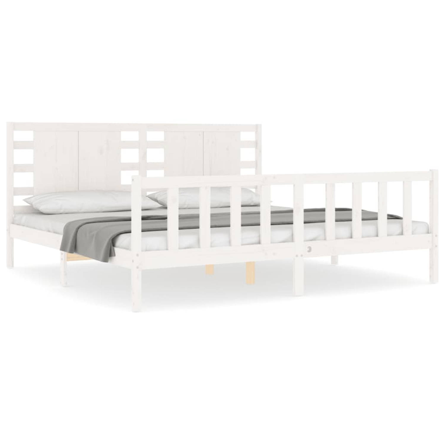 The Living Store Bedframe met hoofdbord massief hout wit 200x200 cm - Bedframe - Bedframes - Bed - Tweepersoonsbed - Slaapkamermeubel - Houten Bedframe - Houten Bed - Bedbodem - Ma