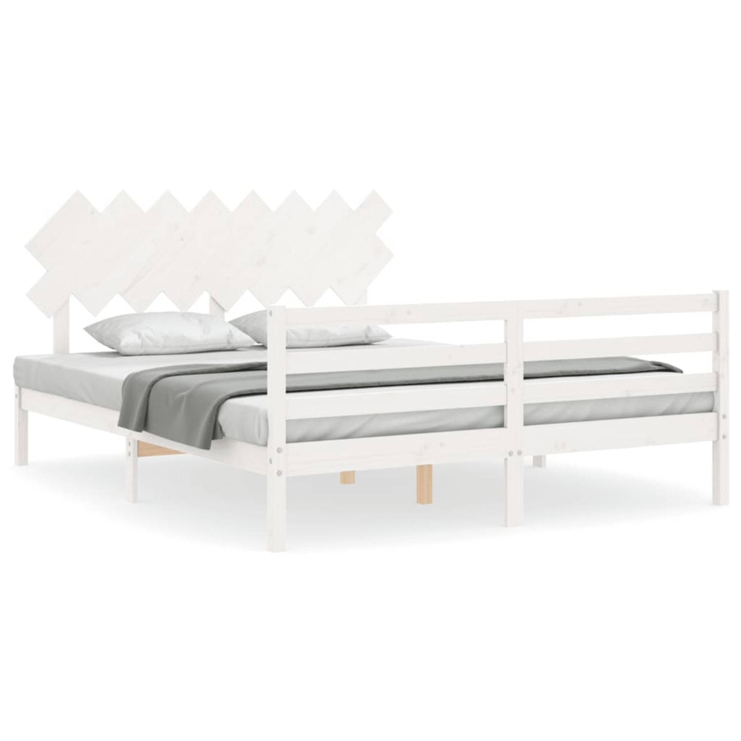 The Living Store Bedframe met hoofdbord massief hout wit 160x200 cm - Bedframe - Bedframes - Bed - Tweepersoonsbed - Slaapkamermeubel - Houten Bedframe - Houten Bed - Bedbodem - Ma