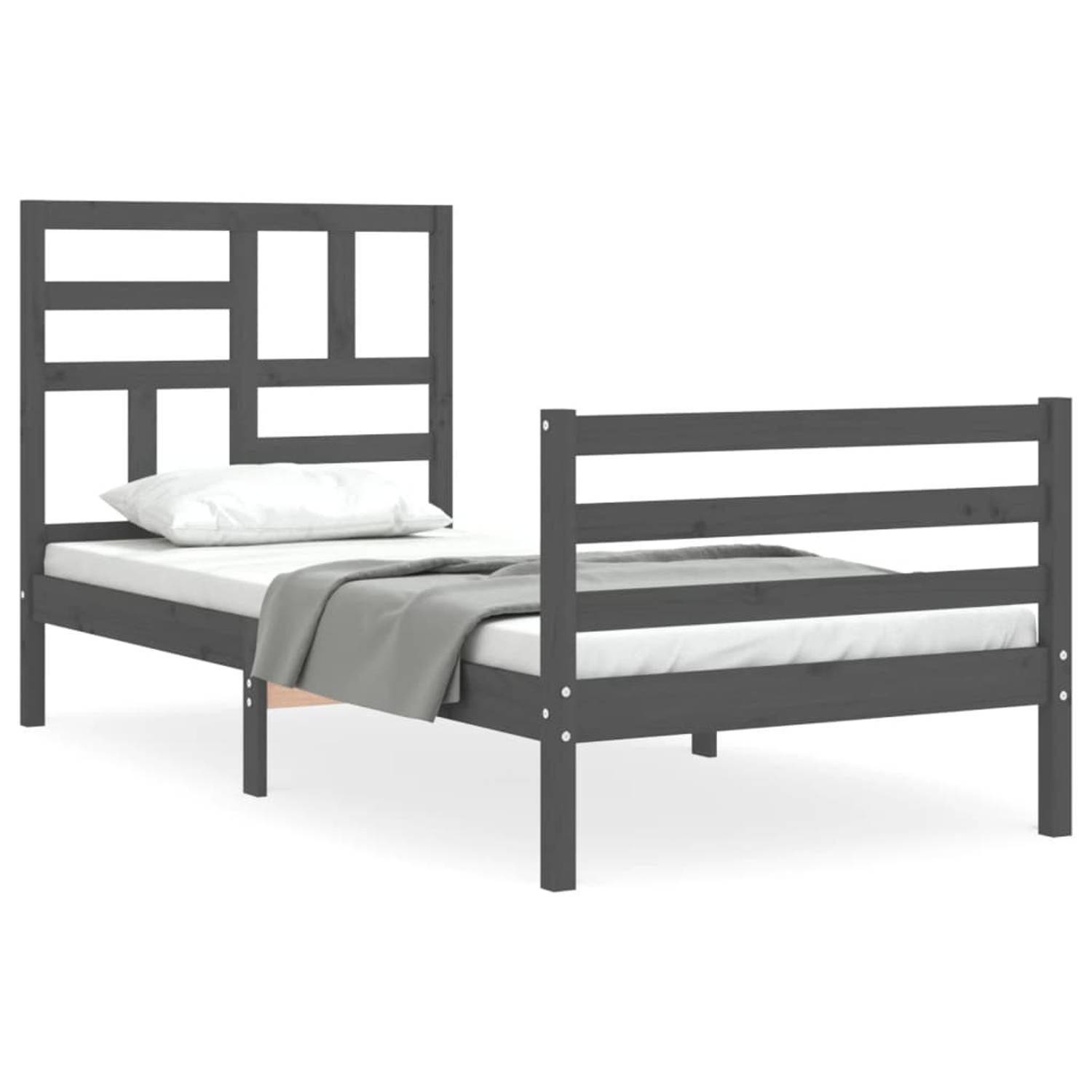 The Living Store Bedframe met hoofdbord massief hout grijs 100x200 cm - Bedframe - Bedframes - Bed - Eenpersoonsbed - Slaapkamermeubel - Houten Bedframe - Houten Bed - Bedbodem - M