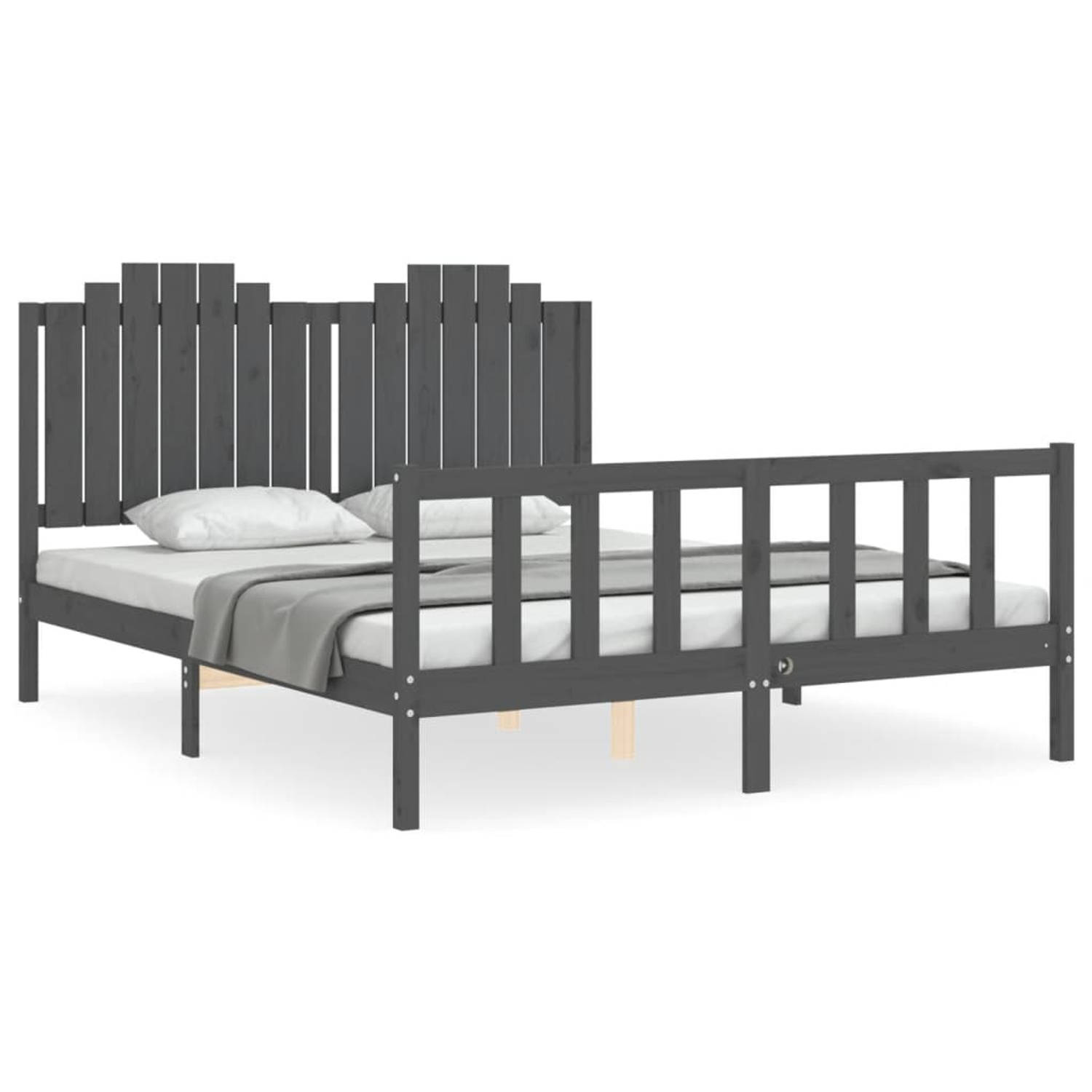 The Living Store Bedframe met hoofdbord massief hout grijs 5 FT King Size - Bedframe - Bedframes - Bed - Tweepersoonsbed - Slaapkamermeubel - Houten Bedframe - Houten Bed - Bedbode