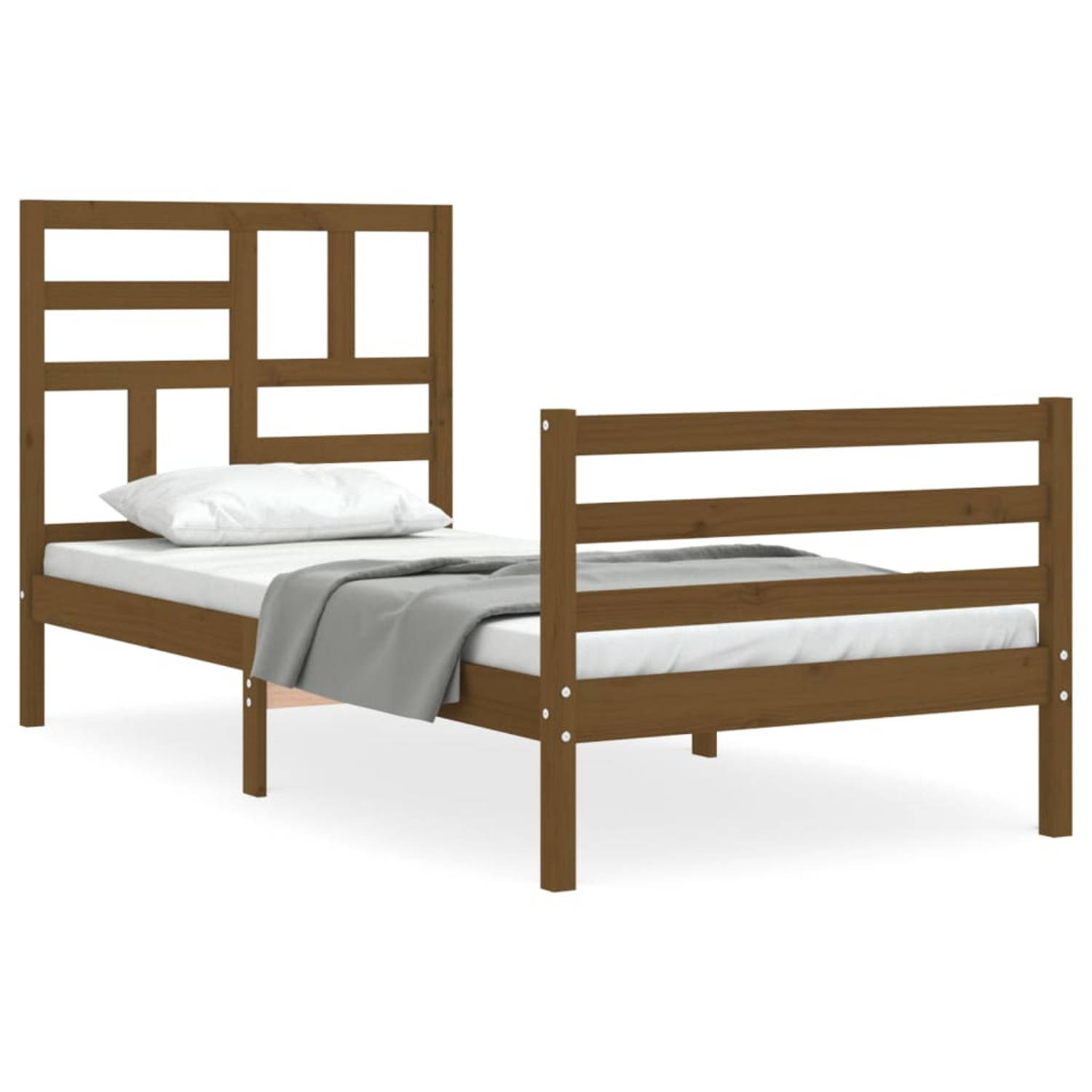 The Living Store Bedframe met hoofdbord massief hout honingbruin 100x200 cm - Bedframe - Bedframes - Bed - Eenpersoonsbed - Slaapkamermeubel - Houten Bedframe - Houten Bed - Bedbod