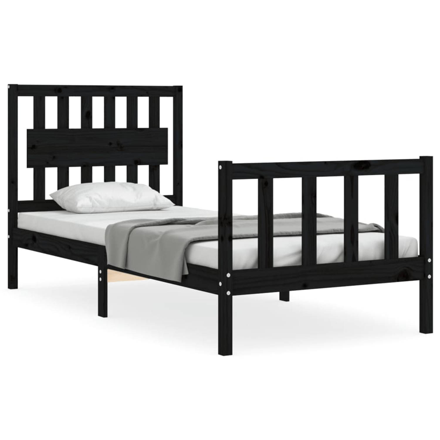 The Living Store Bedframe met hoofdbord massief hout zwart 3FT Single - Bedframe - Bedframes - Bed - Eenpersoonsbed - Slaapkamermeubel - Houten Bedframe - Houten Bed - Bedbodem - M