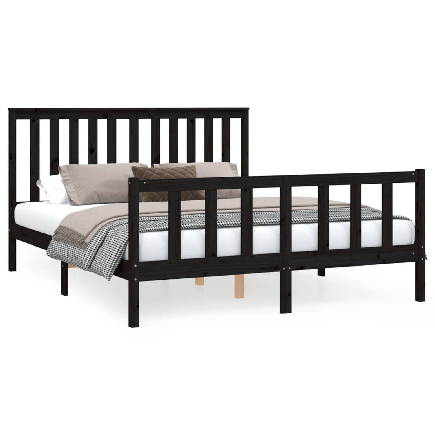 The Living Store Bedframe met hoofdbord massief grenenhout zwart 160x200 cm - Bedframe - Bedframes - Tweepersoonsbed - Bed - Bedombouw - Dubbel Bed - Frame - Bed Frame - Ledikant -