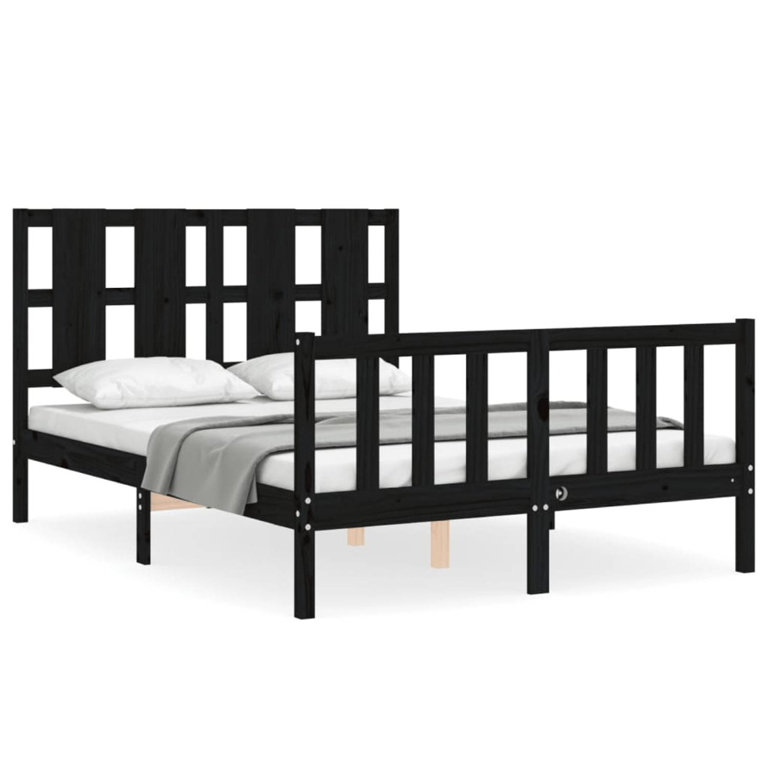 The Living Store Bedframe met hoofdbord massief hout zwart 4FT Small Double - Bedframe - Bedframes - Bed - Tweepersoonsbed - Slaapkamermeubel - Houten Bedframe - Houten Bed - Bedbo