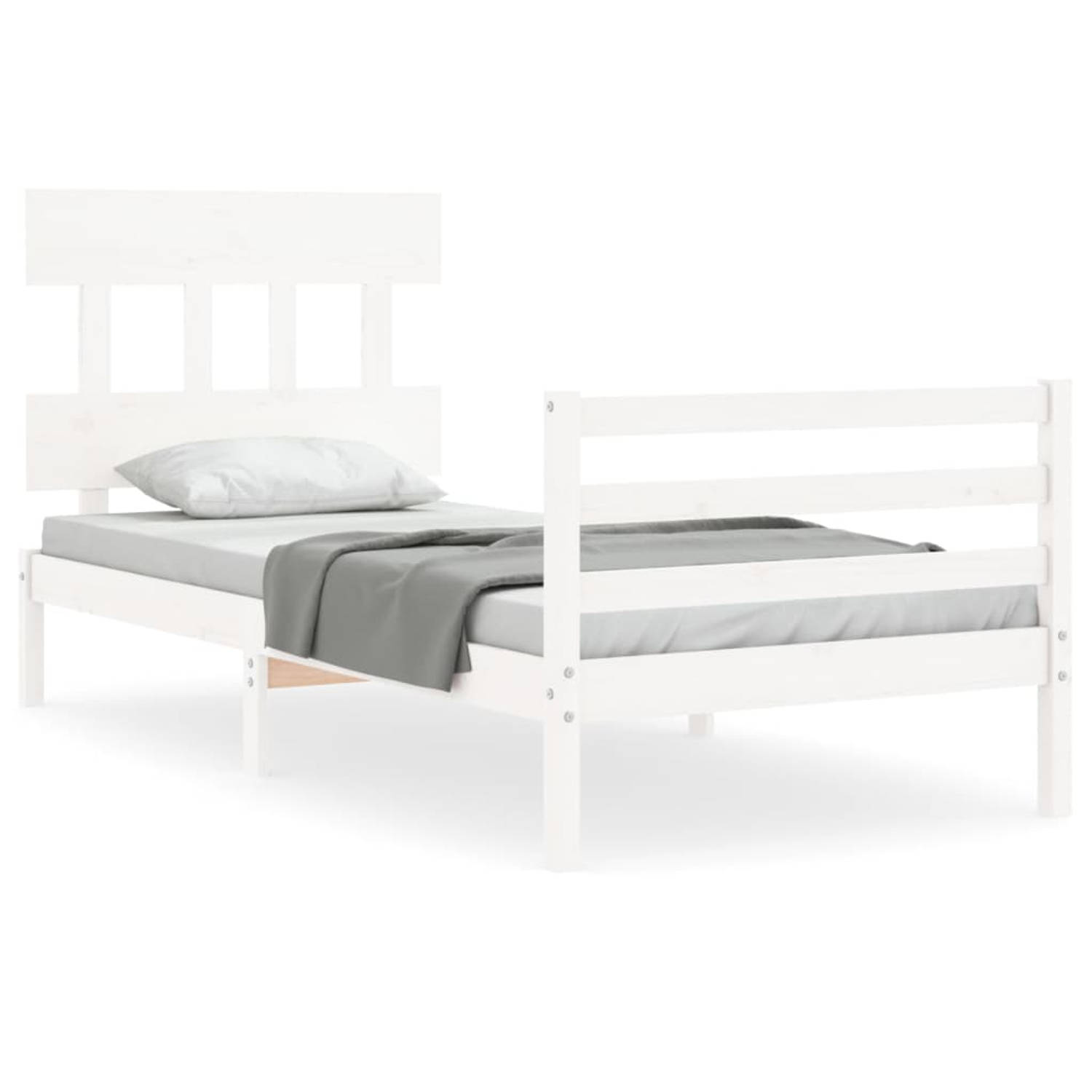 The Living Store Bedframe met hoofdbord massief hout wit 100x200 cm - Bedframe - Bedframes - Bed - Eenpersoonsbed - Slaapkamermeubel - Houten Bedframe - Houten Bed - Bedbodem - Mas