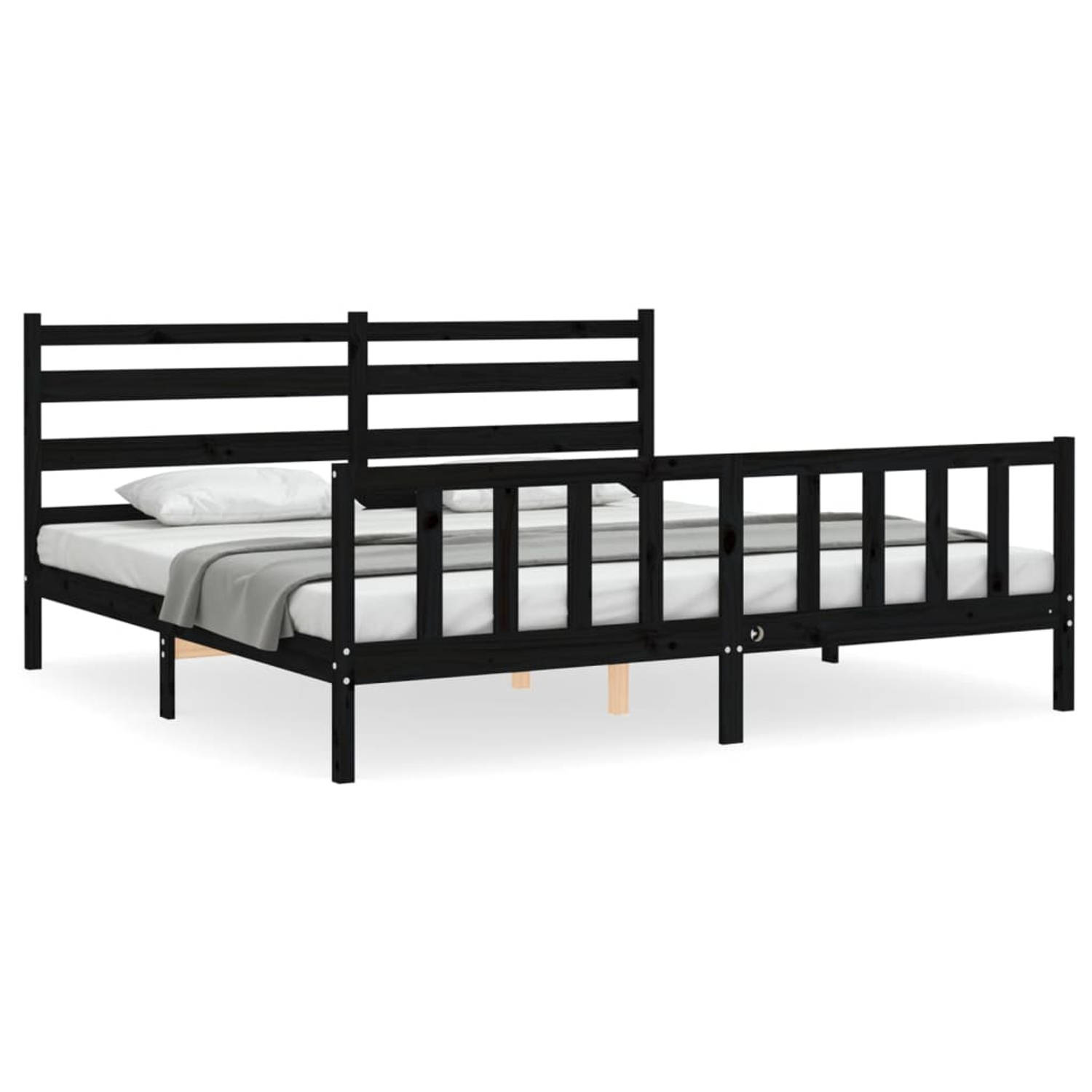 The Living Store Bedframe met hoofdbord massief hout zwart 200x200 cm - Bedframe - Bedframes - Bed - Tweepersoonsbed - Slaapkamermeubel - Houten Bedframe - Houten Bed - Bedbodem -