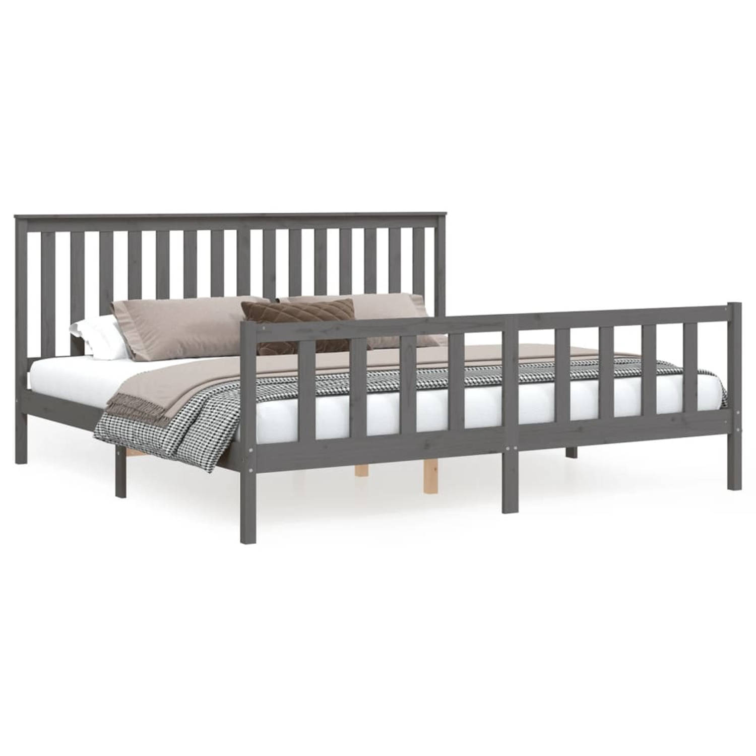 The Living Store Bedframe met hoofdbord massief grenenhout grijs 200x200 cm - Bedframe - Bedframes - Tweepersoonsbed - Bed - Bedombouw - Dubbel Bed - Frame - Bed Frame - Ledikant -