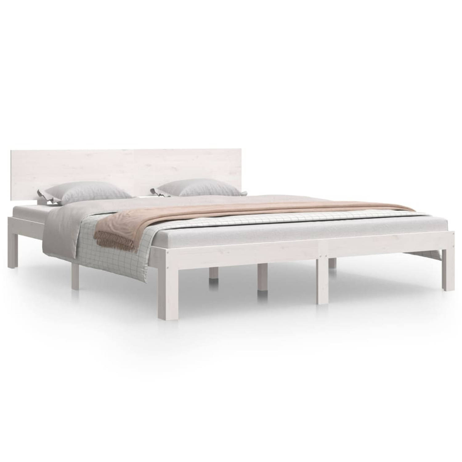 The Living Store Bedframe - Massief grenenhout - Wit - 205.5 x 163.5 x 69.5 cm - Multiplex lattenbodem