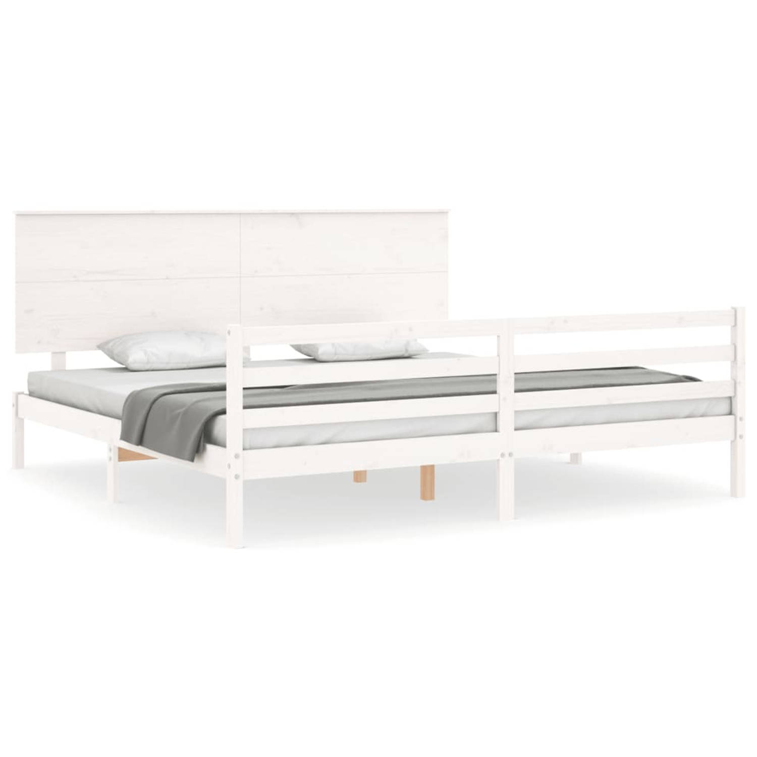 The Living Store Bedframe met hoofdbord massief hout wit 200x200 cm - Bedframe - Bedframes - Bed - Tweepersoonsbed - Slaapkamermeubel - Houten Bedframe - Houten Bed - Bedbodem - Ma