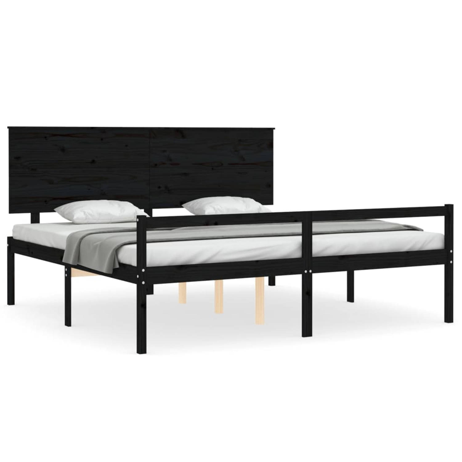 The Living Store Bedframe met hoofdbord massief hout zwart 200x200 cm - Bedframe - Bedframes - Bed - Tweepersoonsbed - Slaapkamermeubel - Houten Bedframe - Houten Bed - Bedbodem -