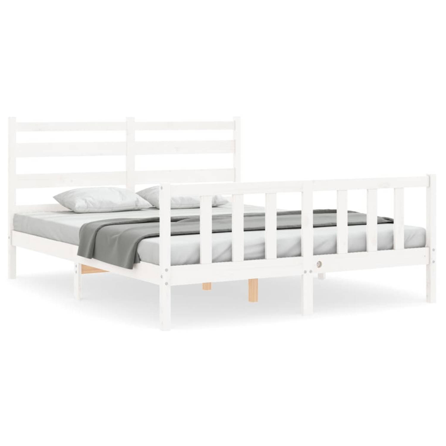 The Living Store Bedframe met hoofdbord massief hout wit 160x200 cm - Bedframe - Bedframes - Bed - Tweepersoonsbed - Slaapkamermeubel - Houten Bedframe - Houten Bed - Bedbodem - Ma