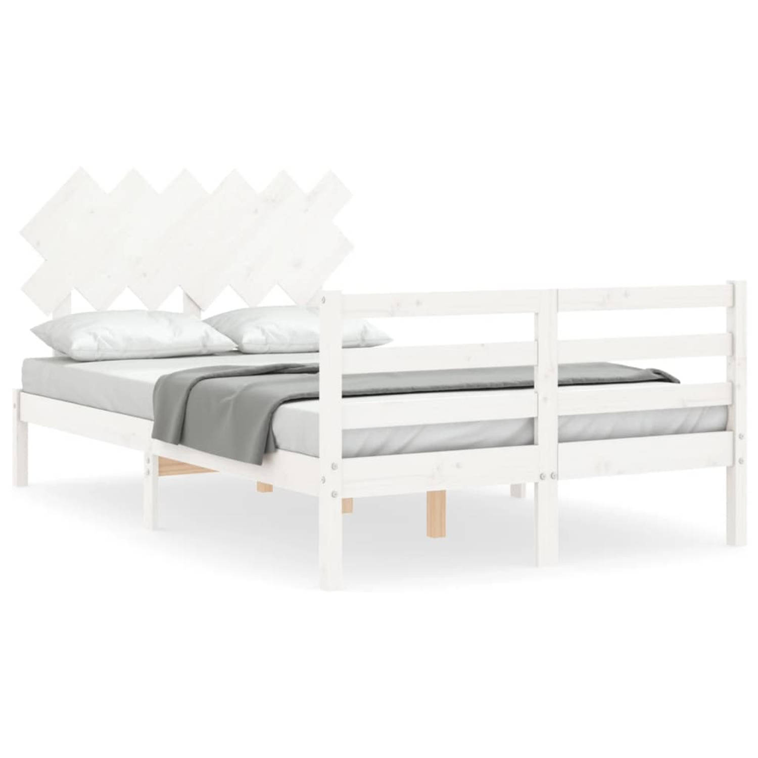 The Living Store Bedframe met hoofdbord massief hout wit 4FT6 Double - Bedframe - Bedframes - Bed - Tweepersoonsbed - Slaapkamermeubel - Houten Bedframe - Houten Bed - Bedbodem - M