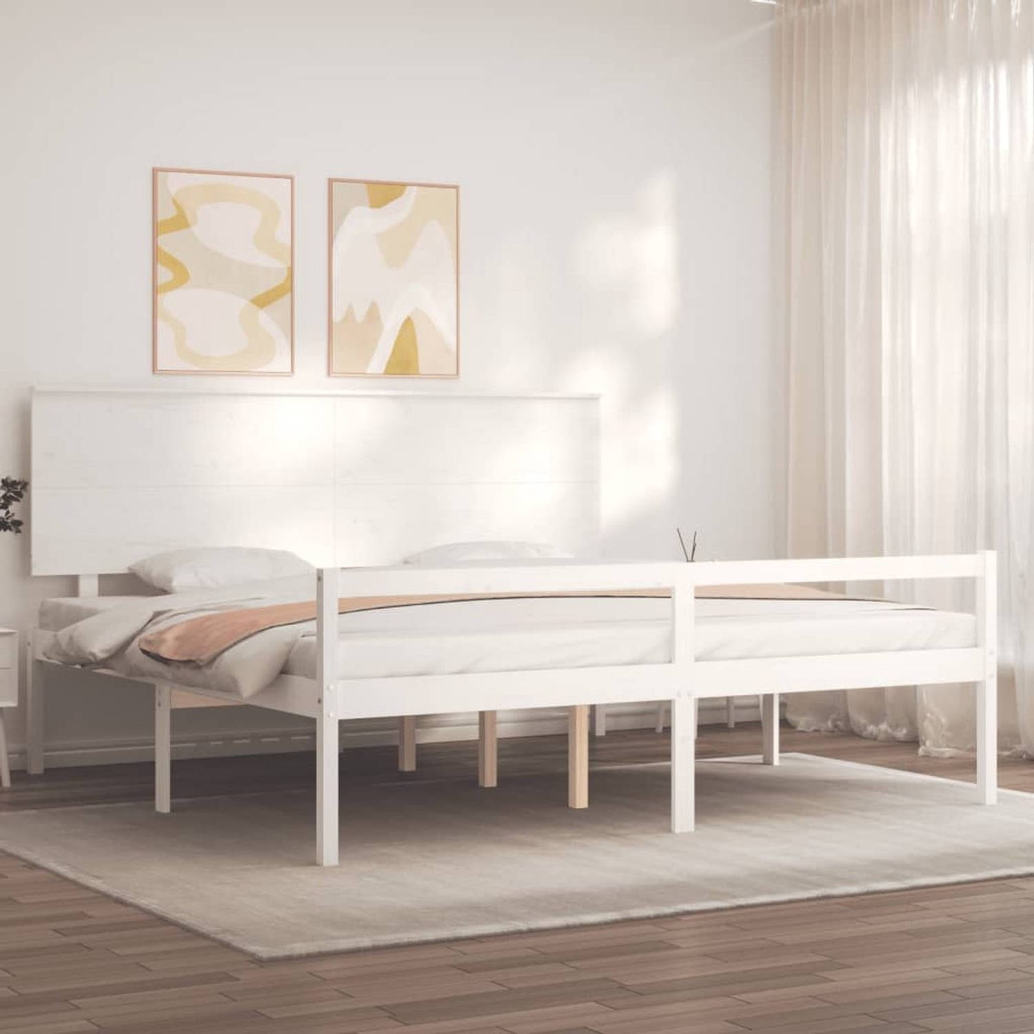 The Living Store Bedframe met hoofdbord massief hout wit 6FT Super King - Bedframe - Bedframes - Bed - Tweepersoonsbed - Slaapkamermeubel - Houten Bedframe - Houten Bed - Bedbodem