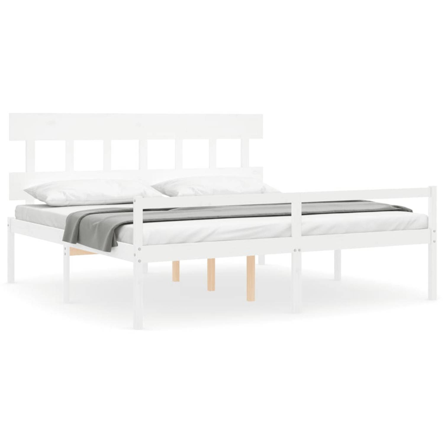 The Living Store Bedframe met hoofdbord massief hout wit 200x200 cm - Bedframe - Bedframes - Bed - Tweepersoonsbed - Slaapkamermeubel - Houten Bedframe - Houten Bed - Bedbodem - Ma