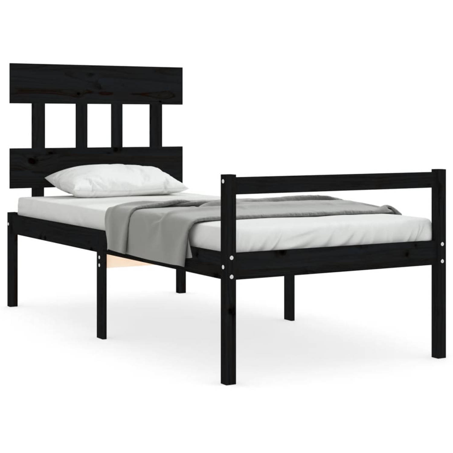 The Living Store Bedframe met hoofdbord massief hout zwart 100x200 cm - Bedframe - Bedframes - Bed - Eenpersoonsbed - Slaapkamermeubel - Houten Bedframe - Houten Bed - Bedbodem - M
