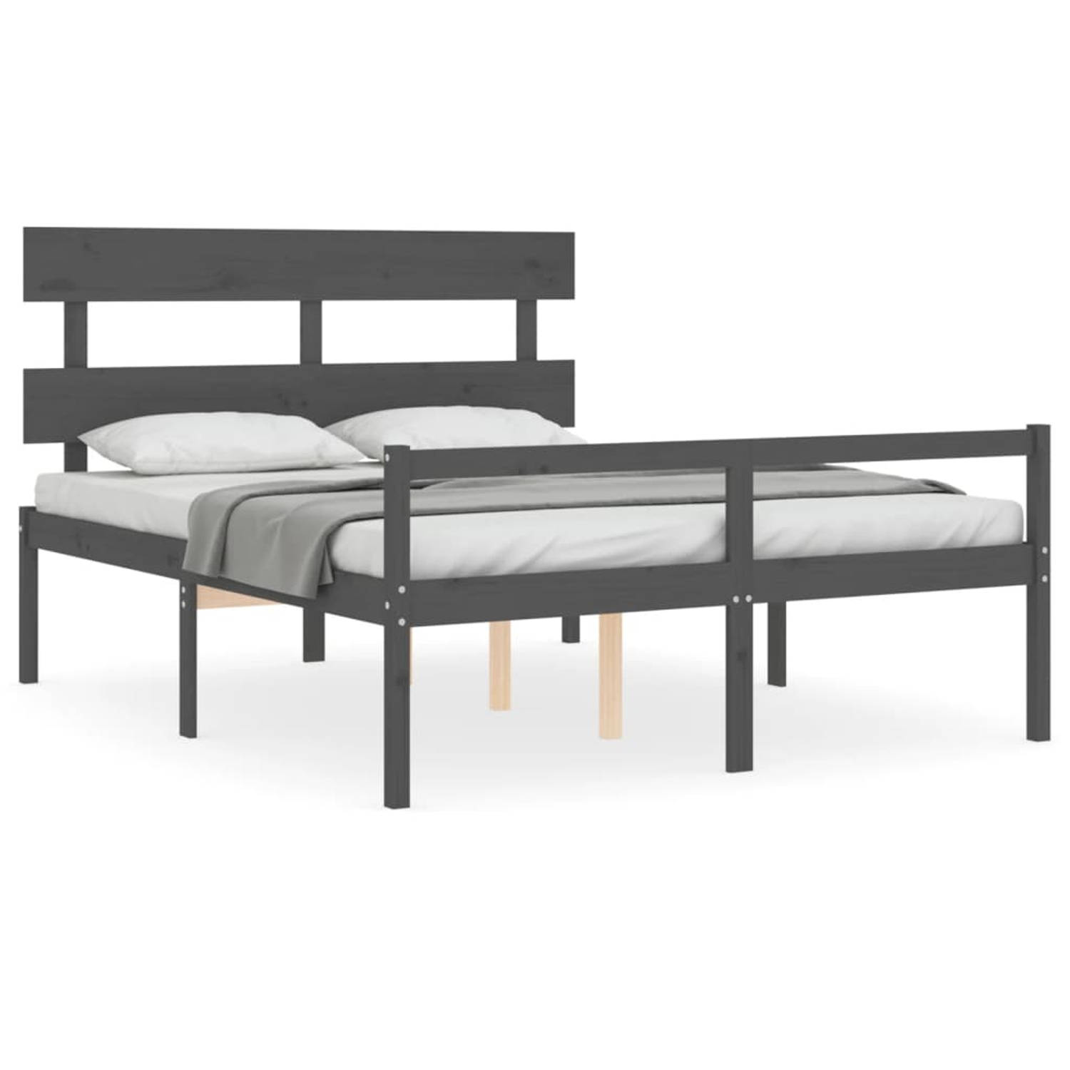 The Living Store Bedframe met hoofdbord massief hout grijs 5 FT King - Bedframe - Bedframes - Bed - Tweepersoonsbed - Slaapkamermeubel - Houten Bedframe - Houten Bed - Bedbodem - M