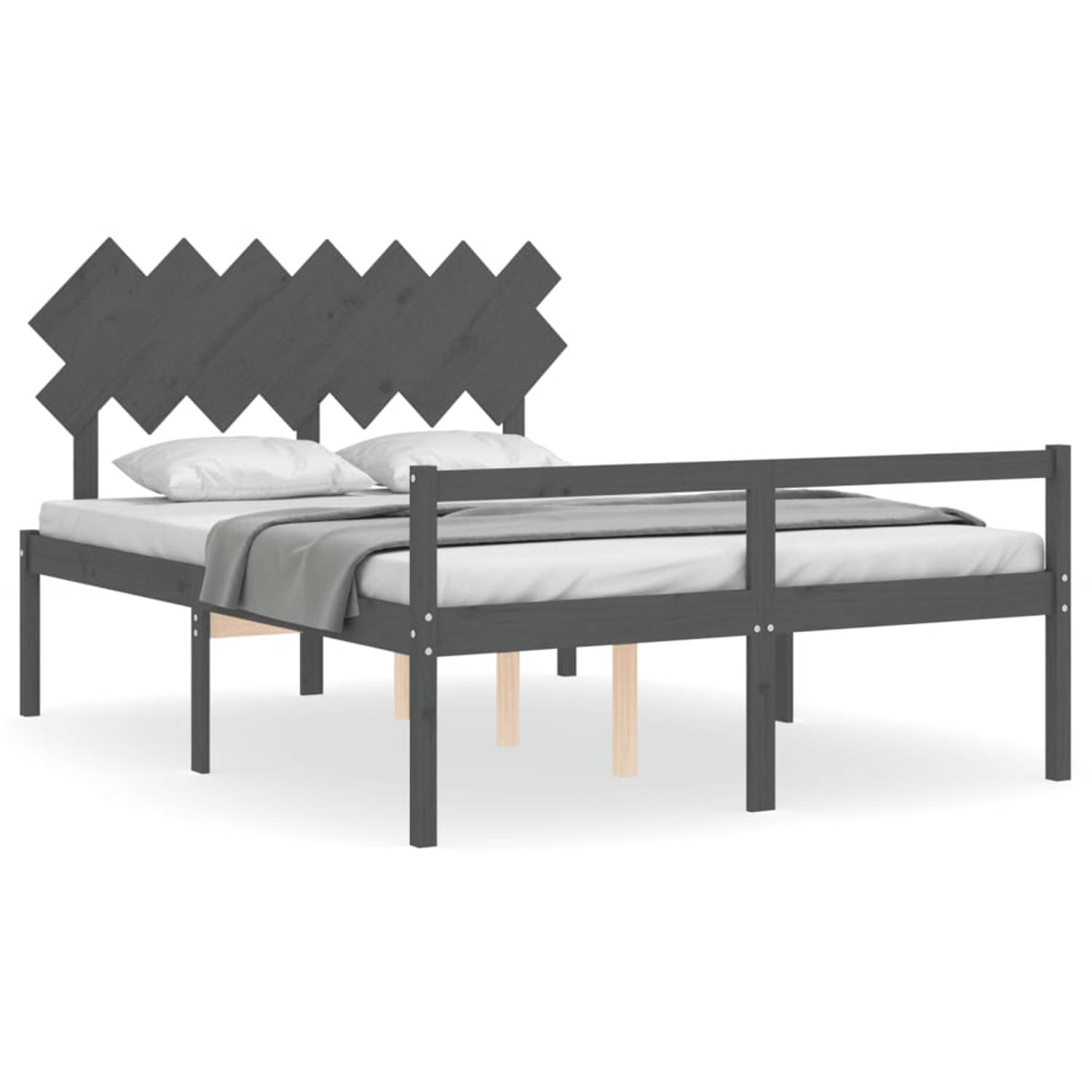 The Living Store Bedframe met hoofdbord massief hout grijs 140x200 cm - Bedframe - Bedframes - Bed - Tweepersoonsbed - Slaapkamermeubel - Houten Bedframe - Houten Bed - Bedbodem -