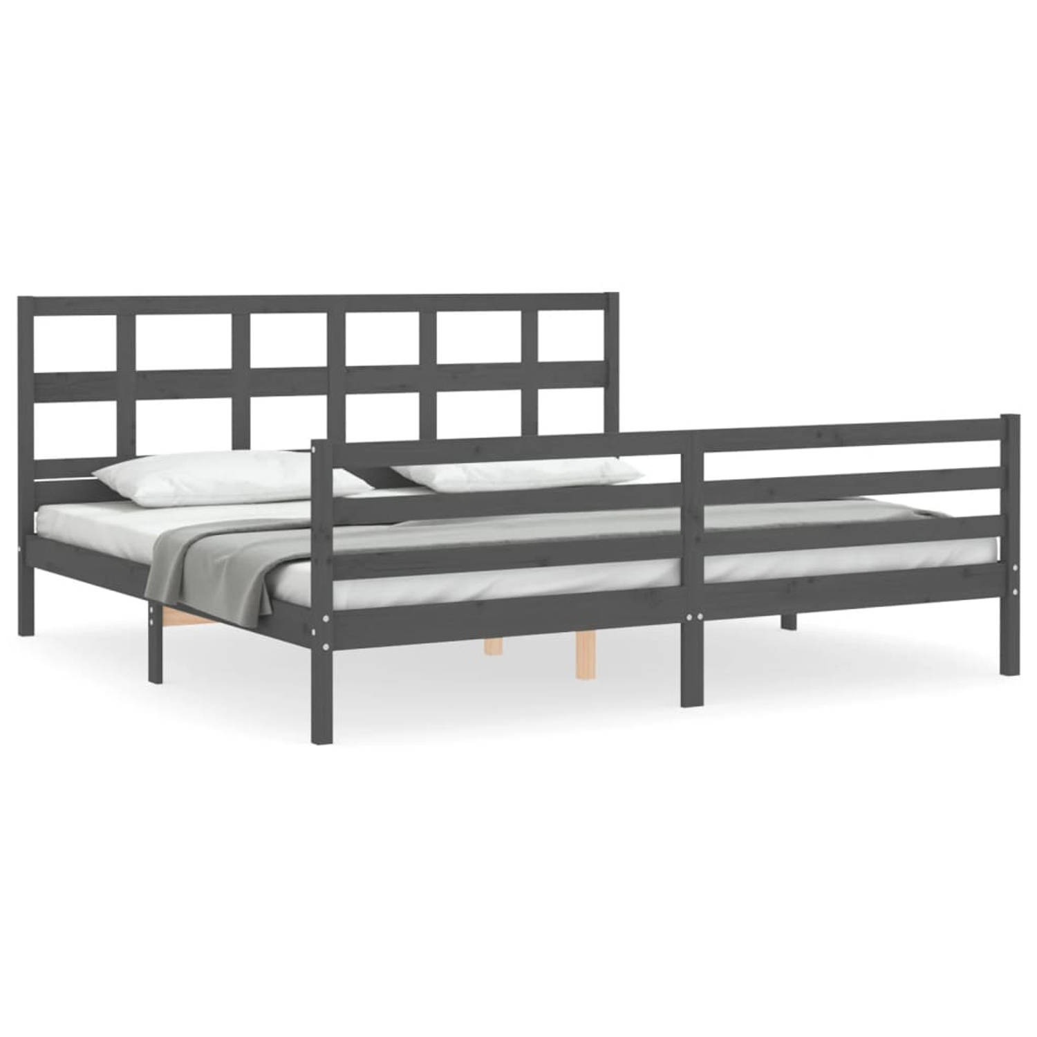 The Living Store Bedframe met hoofdbord massief hout grijs 200x200 cm - Bedframe - Bedframes - Bed - Tweepersoonsbed - Slaapkamermeubel - Houten Bedframe - Houten Bed - Bedbodem -