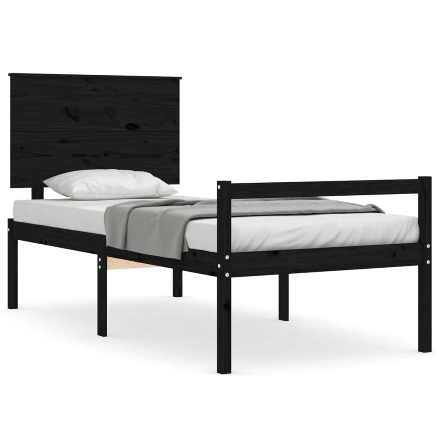 The Living Store Bedframe met hoofdbord massief hout zwart 100x200 cm - Bedframe - Bedframes - Bed - Eenpersoonsbed - Slaapkamermeubel - Houten Bedframe - Houten Bed - Bedbodem - M