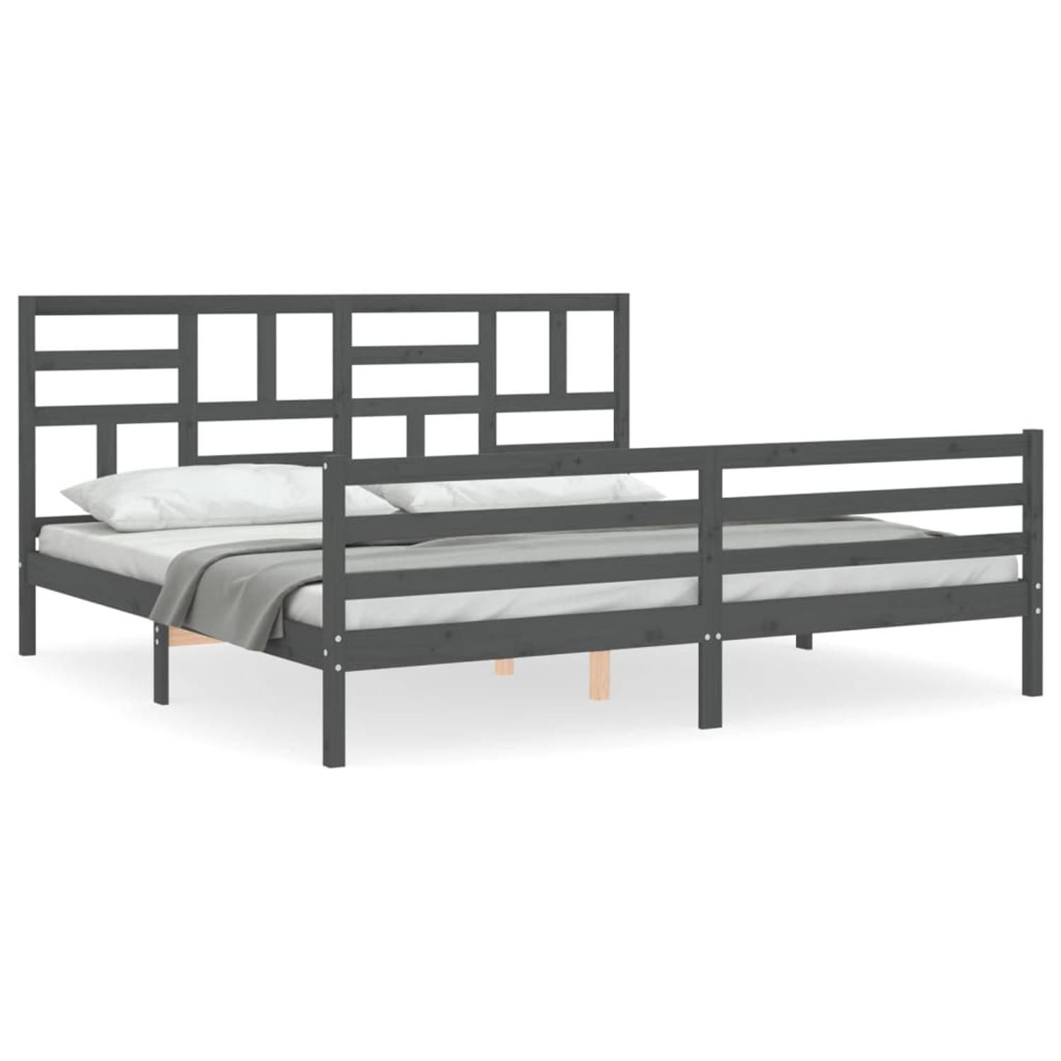 The Living Store Bedframe met hoofdbord massief hout grijs 200x200 cm - Bedframe - Bedframes - Bed - Tweepersoonsbed - Slaapkamermeubel - Houten Bedframe - Houten Bed - Bedbodem -