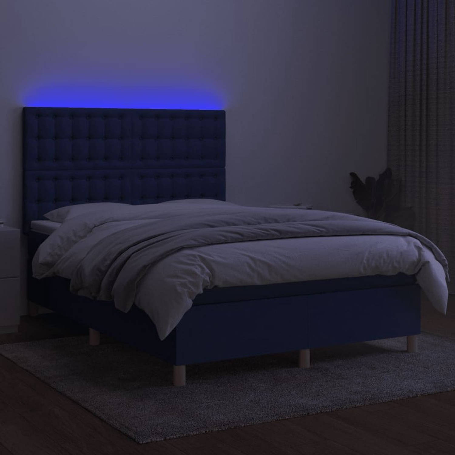 The Living Store Bed LED Boxspring - 203 x 144 cm - Blauw stof - Verstelbaar hoofdbord