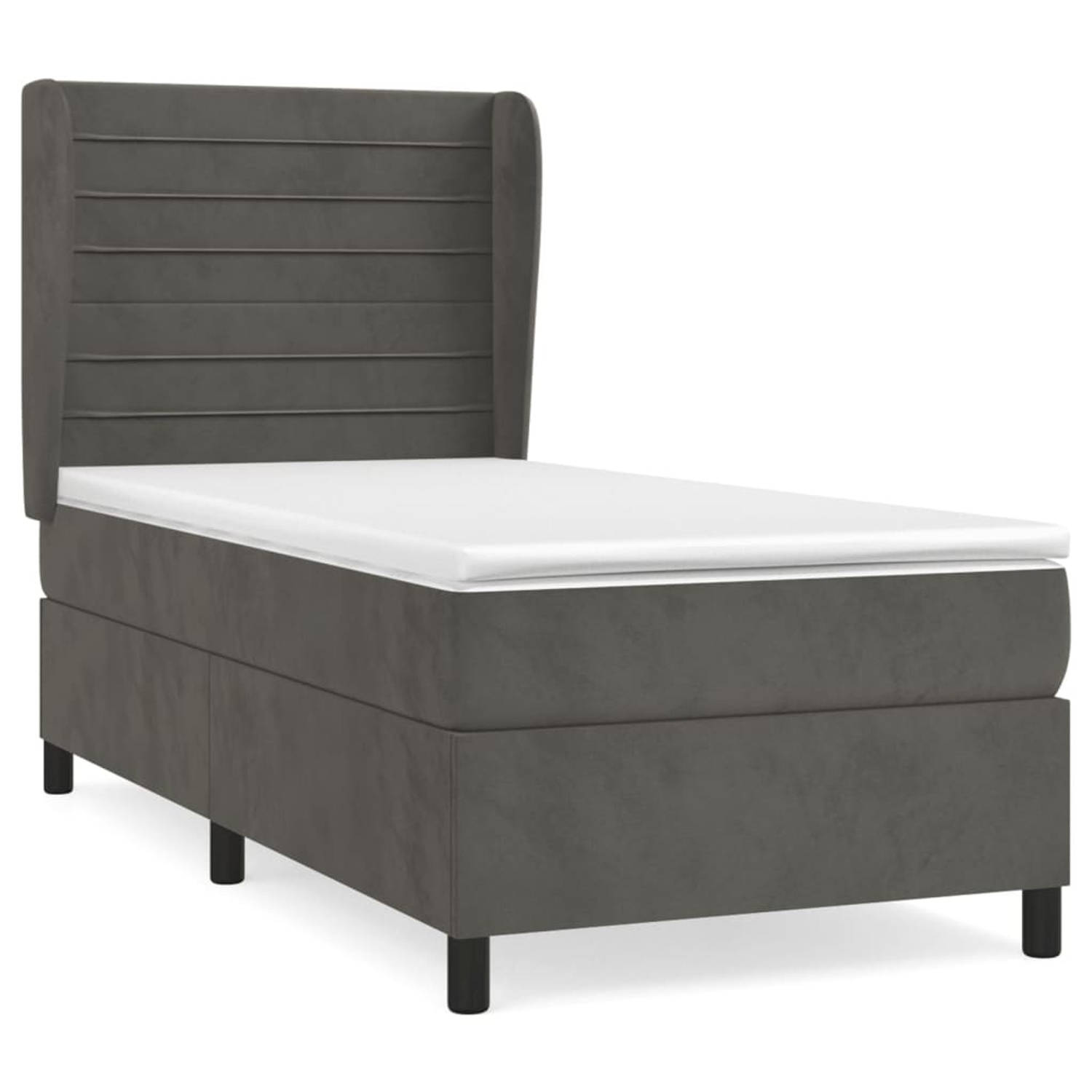 The Living Store Boxspringbed - Fluweel - 193 x 93 x 118/128 cm - Donkergrijs - Pocketvering - Middelharde ondersteuning - Huidvriendelijk topmatras