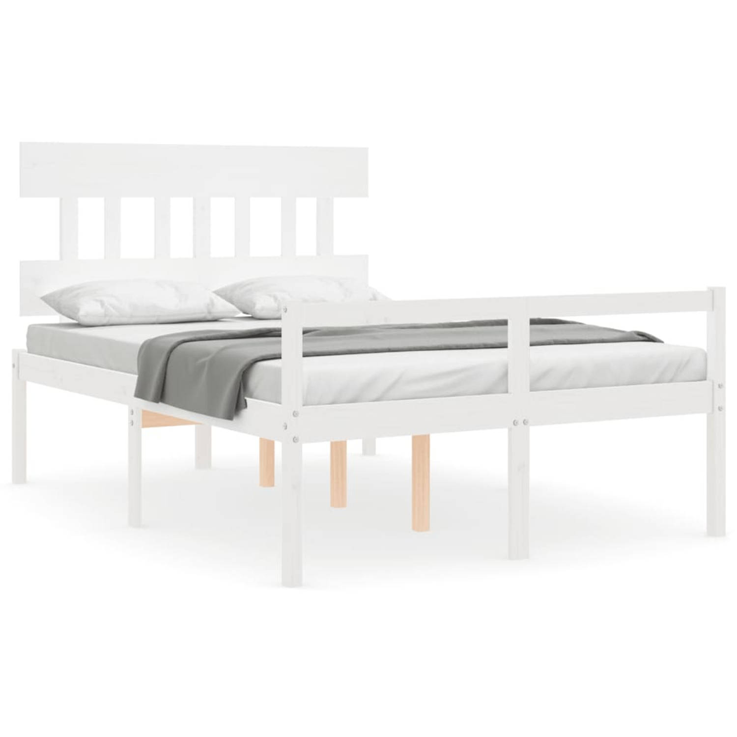 The Living Store Bedframe met hoofdbord massief hout wit 4FT6 Double - Bedframe - Bedframes - Bed - Tweepersoonsbed - Slaapkamermeubel - Houten Bedframe - Houten Bed - Bedbodem - M