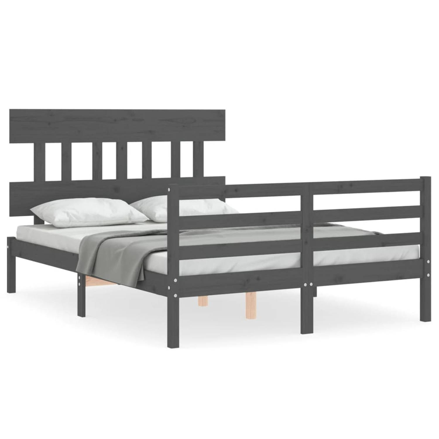 The Living Store Bedframe met hoofdbord massief hout grijs 4FT6 Double - Bedframe - Bedframes - Bed - Tweepersoonsbed - Slaapkamermeubel - Houten Bedframe - Houten Bed - Bedbodem -