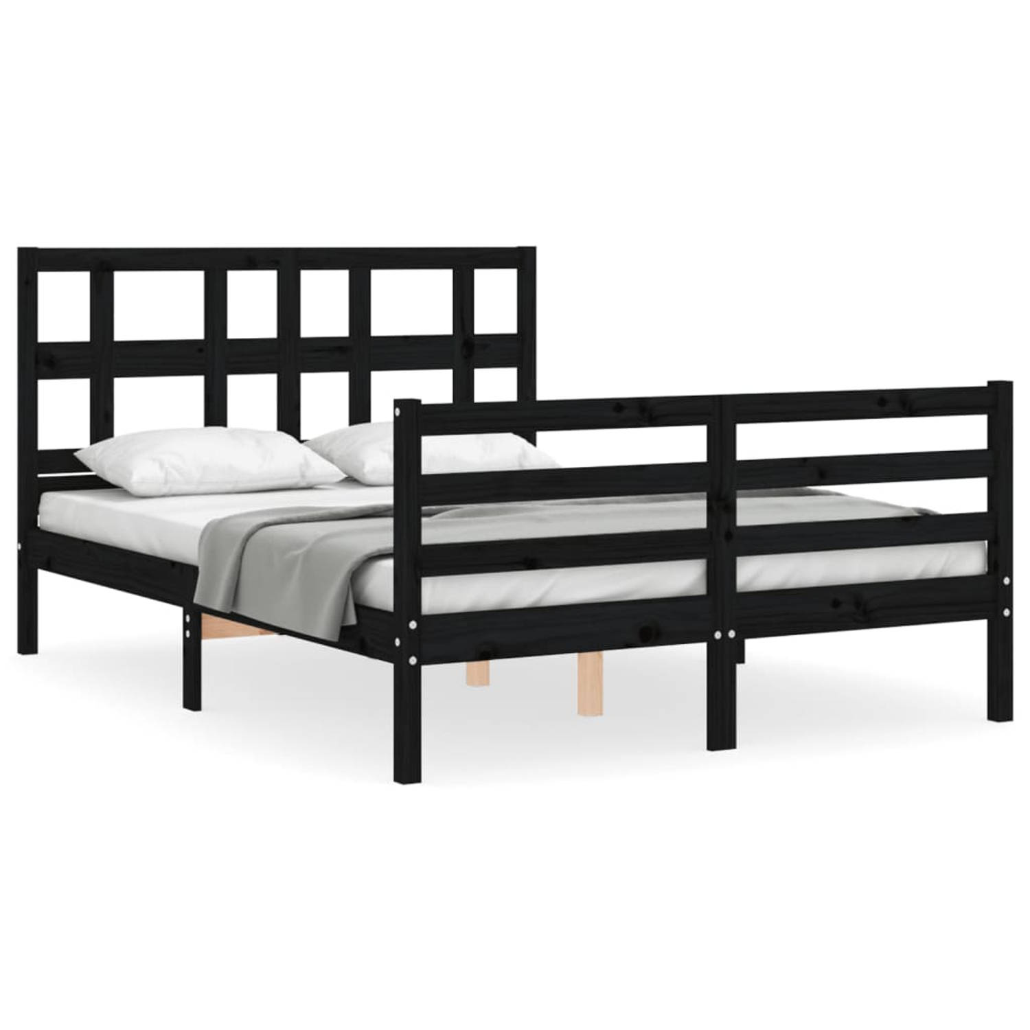 The Living Store Bedframe met hoofdbord massief hout zwart 140x200 cm - Bedframe - Bedframes - Bed - Tweepersoonsbed - Slaapkamermeubel - Houten Bedframe - Houten Bed - Bedbodem -