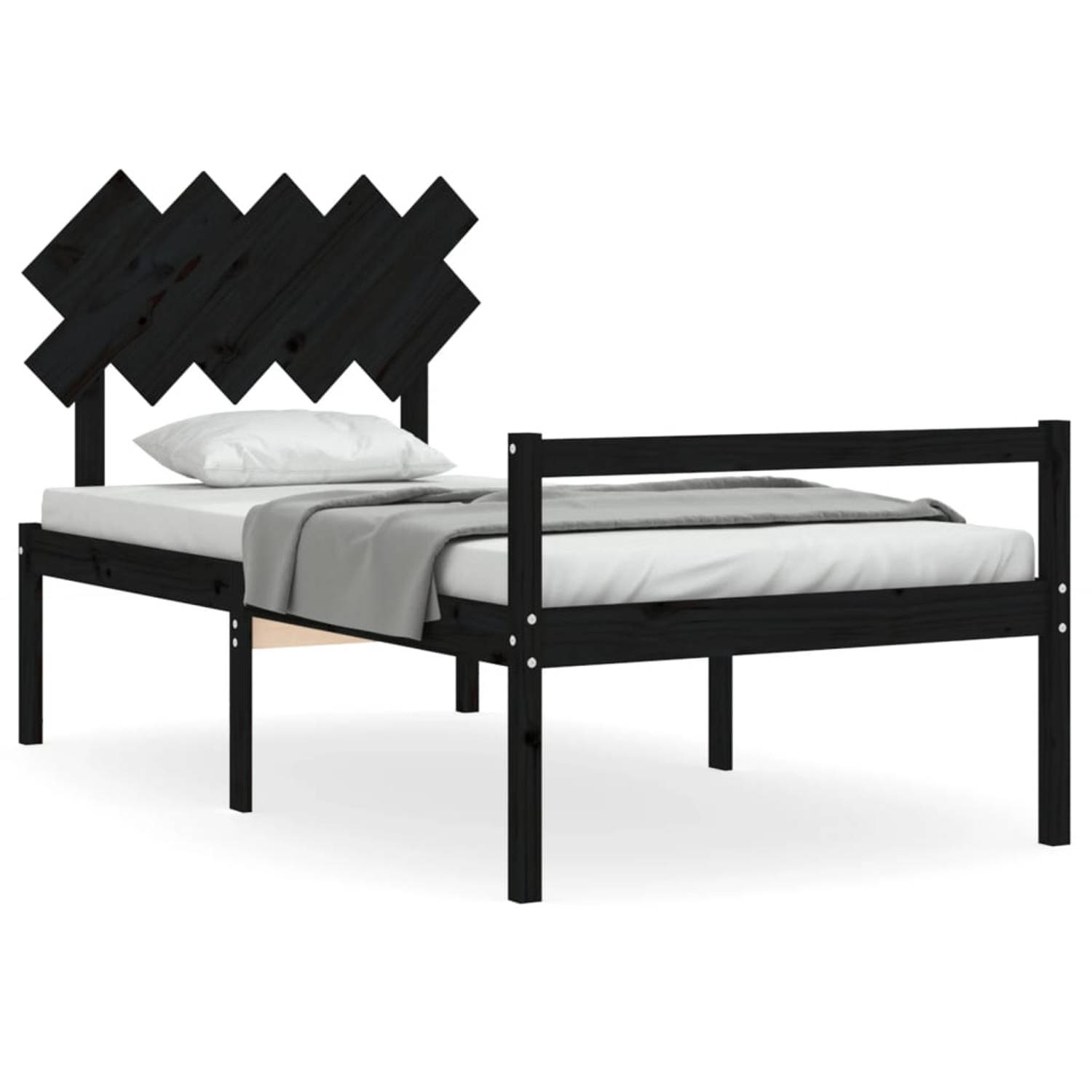 The Living Store Bedframe met hoofdbord massief hout zwart 100x200 cm - Bedframe - Bedframes - Bed - Eenpersoonsbed - Slaapkamermeubel - Houten Bedframe - Houten Bed - Bedbodem - M