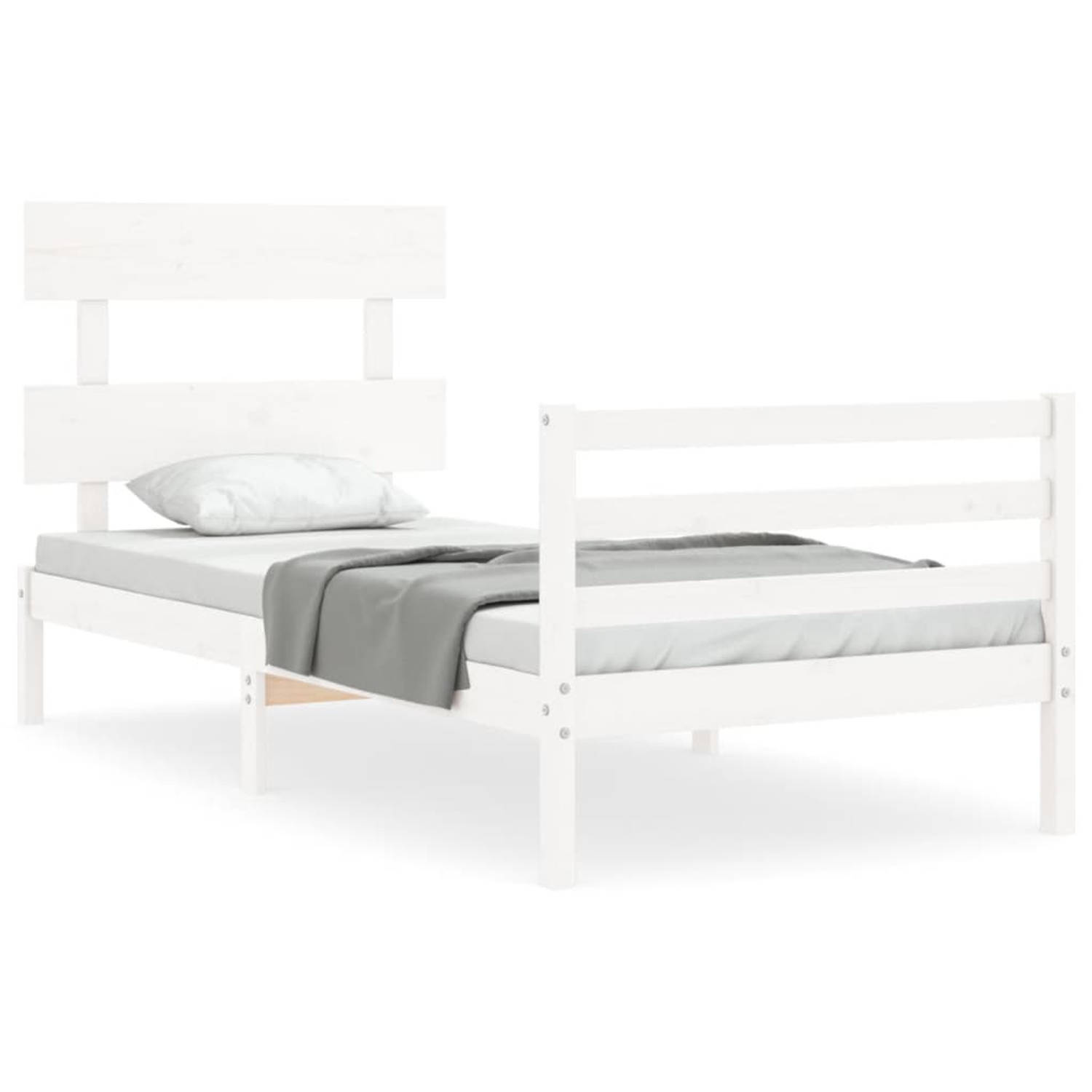 The Living Store Bedframe met hoofdbord massief hout wit 100x200 cm - Bedframe - Bedframes - Bed - Eenpersoonsbed - Slaapkamermeubel - Houten Bedframe - Houten Bed - Bedbodem - Mas
