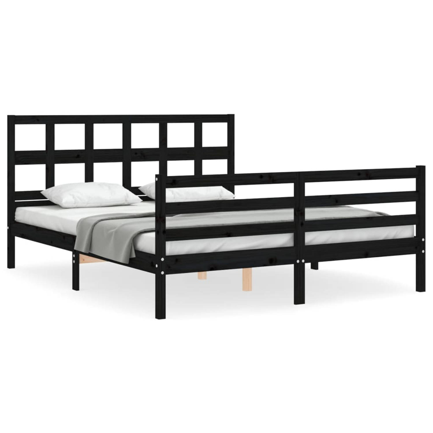 The Living Store Bedframe met hoofdbord massief hout zwart 5FT King Size - Bedframe - Bedframes - Bed - Tweepersoonsbed - Slaapkamermeubel - Houten Bedframe - Houten Bed - Bedbodem