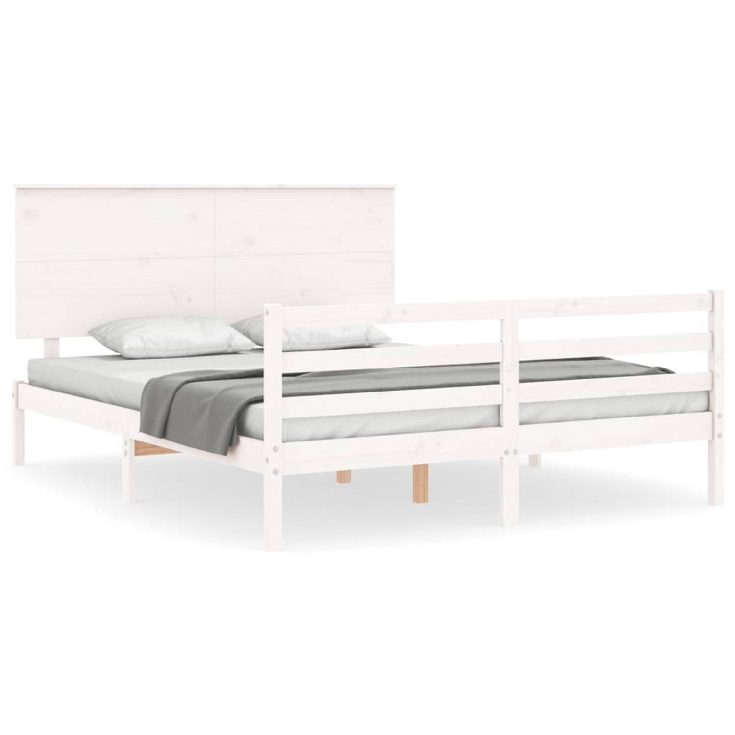 The Living Store Bedframe met hoofdbord massief hout wit 160x200 cm - Bedframe - Bedframes - Bed - Tweepersoonsbed - Slaapkamermeubel - Houten Bedframe - Houten Bed - Bedbodem - Ma