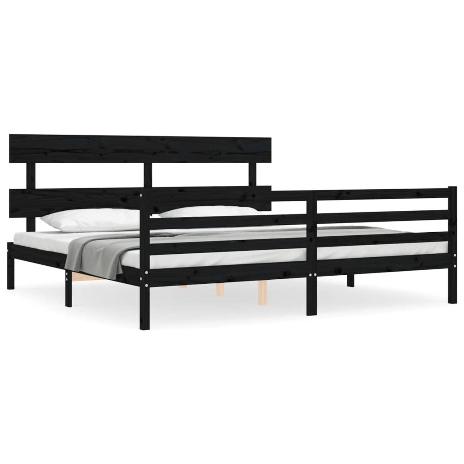 The Living Store Bedframe met hoofdbord massief hout zwart 200x200 cm - Bedframe - Bedframes - Bed - Tweepersoonsbed - Slaapkamermeubel - Houten Bedframe - Houten Bed - Bedbodem -