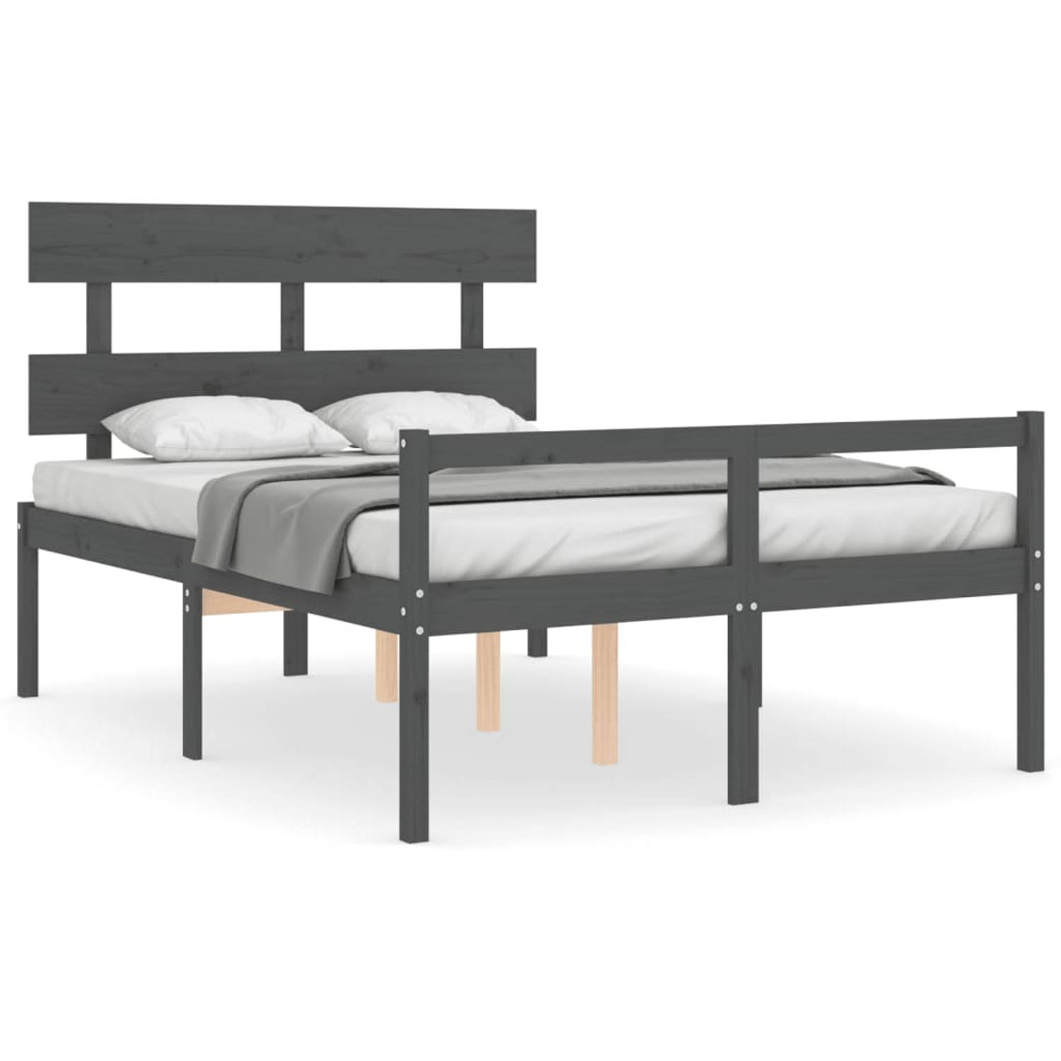 The Living Store Bedframe met hoofdbord massief hout grijs 140x200 cm - Bedframe - Bedframes - Bed - Tweepersoonsbed - Slaapkamermeubel - Houten Bedframe - Houten Bed - Bedbodem -