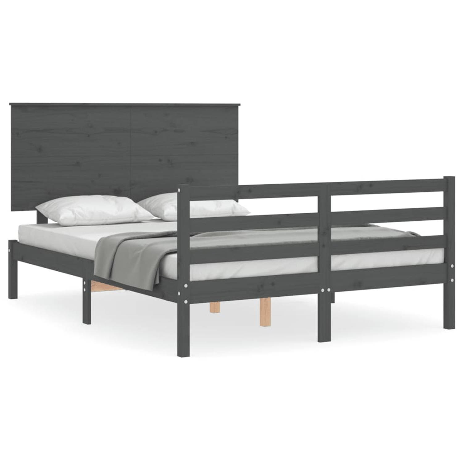 The Living Store Bedframe met hoofdbord massief hout grijs 140x200 cm - Bedframe - Bedframes - Bed - Tweepersoonsbed - Slaapkamermeubel - Houten Bedframe - Houten Bed - Bedbodem -