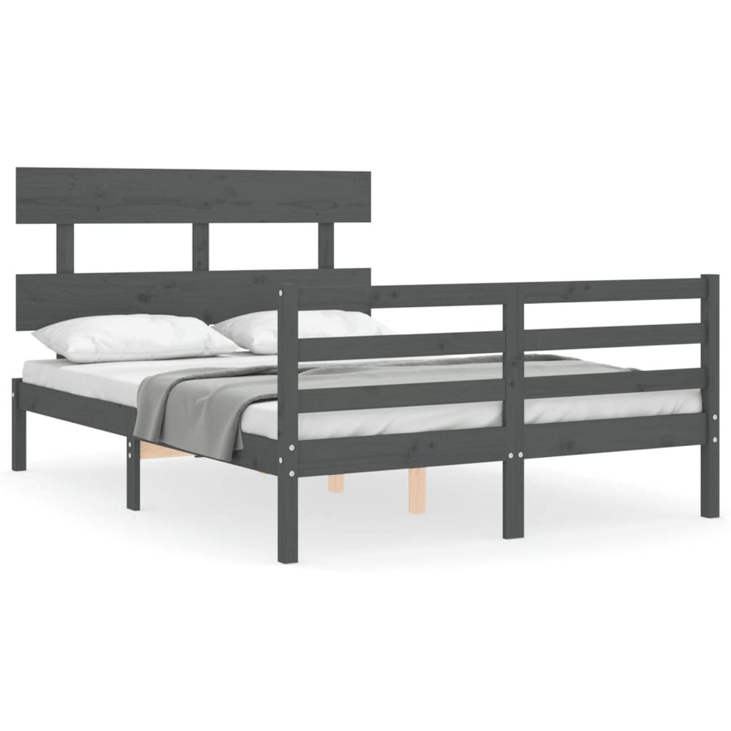 The Living Store Bedframe met hoofdbord massief hout grijs 4FT6 Double - Bedframe - Bedframes - Bed - Tweepersoonsbed - Slaapkamermeubel - Houten Bedframe - Houten Bed - Bedbodem -