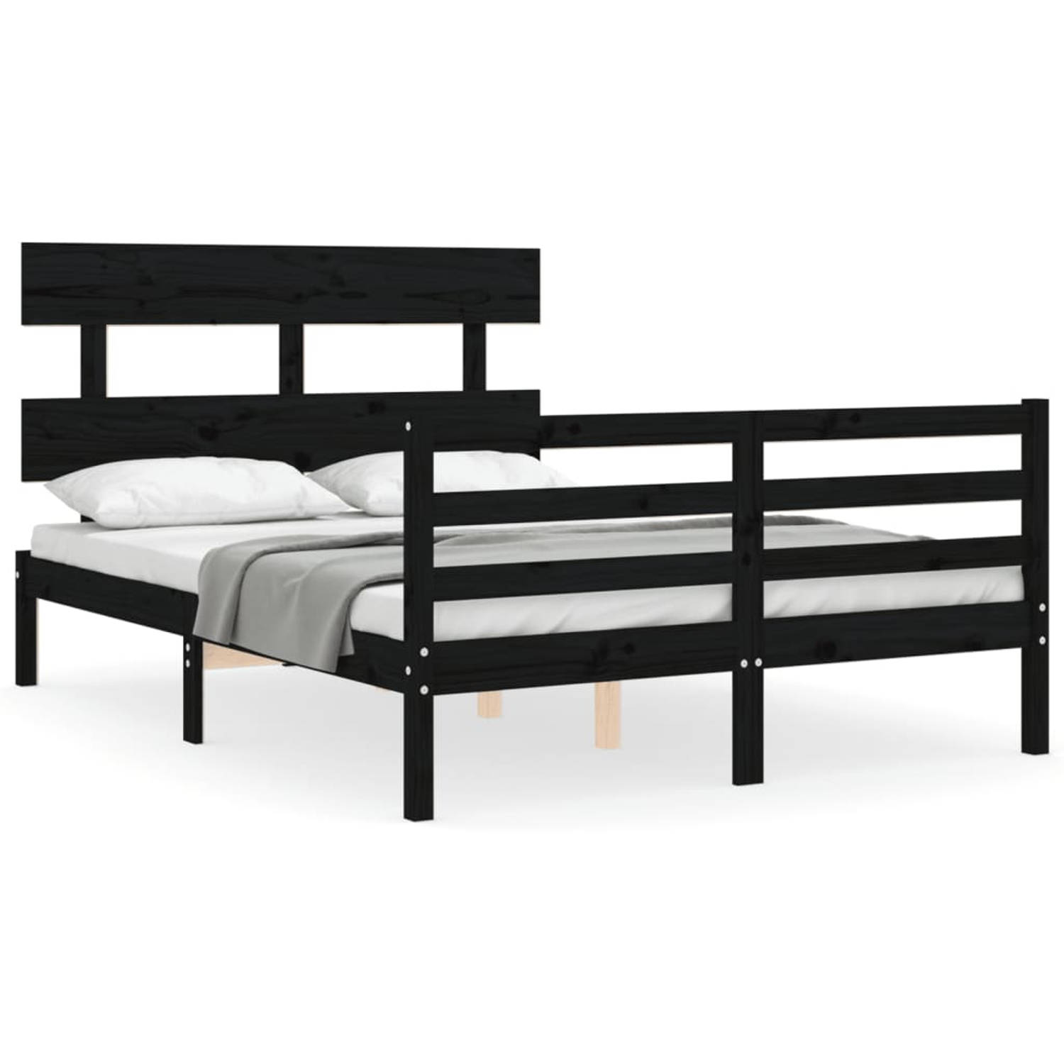 The Living Store Bedframe met hoofdbord massief hout zwart 140x190 cm - Bedframe - Bedframes - Bed - Tweepersoonsbed - Slaapkamermeubel - Houten Bedframe - Houten Bed - Bedbodem -