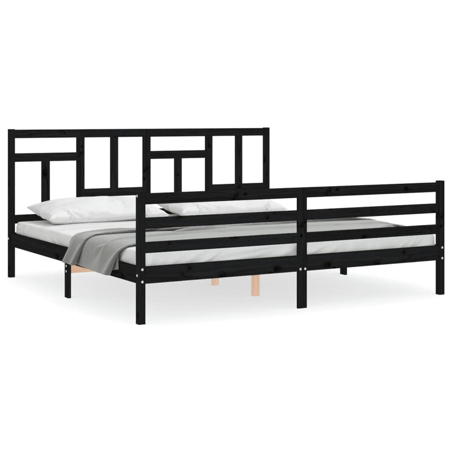 The Living Store Bedframe met hoofdbord massief hout zwart 200x200 cm - Bedframe - Bedframes - Bed - Tweepersoonsbed - Slaapkamermeubel - Houten Bedframe - Houten Bed - Bedbodem -