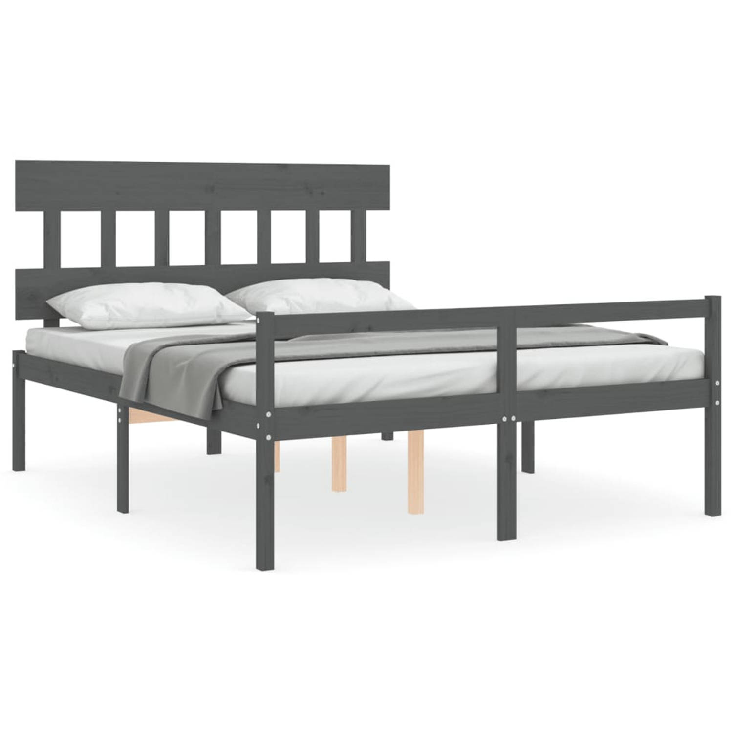The Living Store Bedframe met hoofdbord massief hout grijs 5 FT King - Bedframe - Bedframes - Bed - Tweepersoonsbed - Slaapkamermeubel - Houten Bedframe - Houten Bed - Bedbodem - M